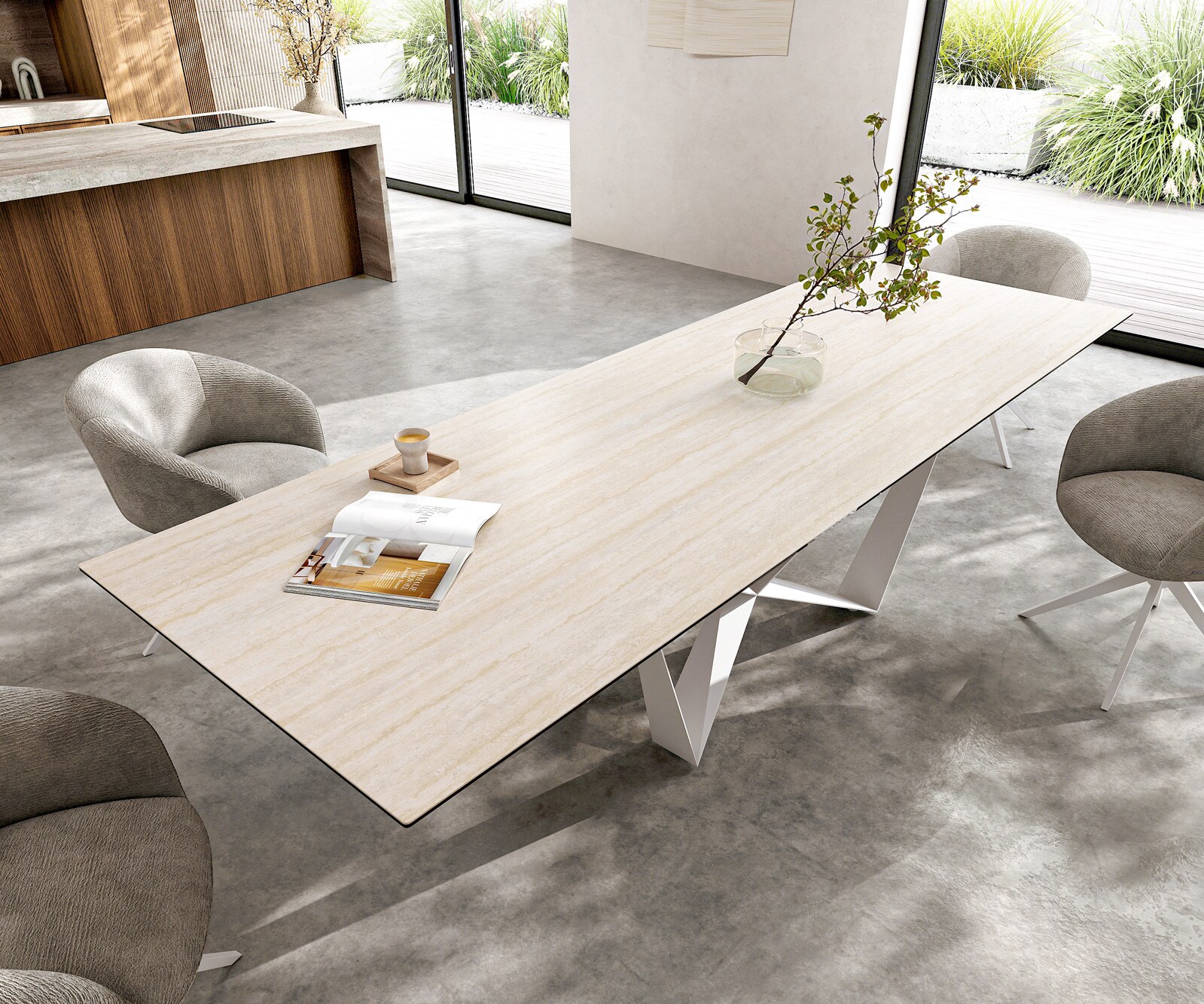 Stół do jadalni Edge 300x100cm ceramika Laminam® Travertino Bianco kremowo-biały rama Spider metal biały 3