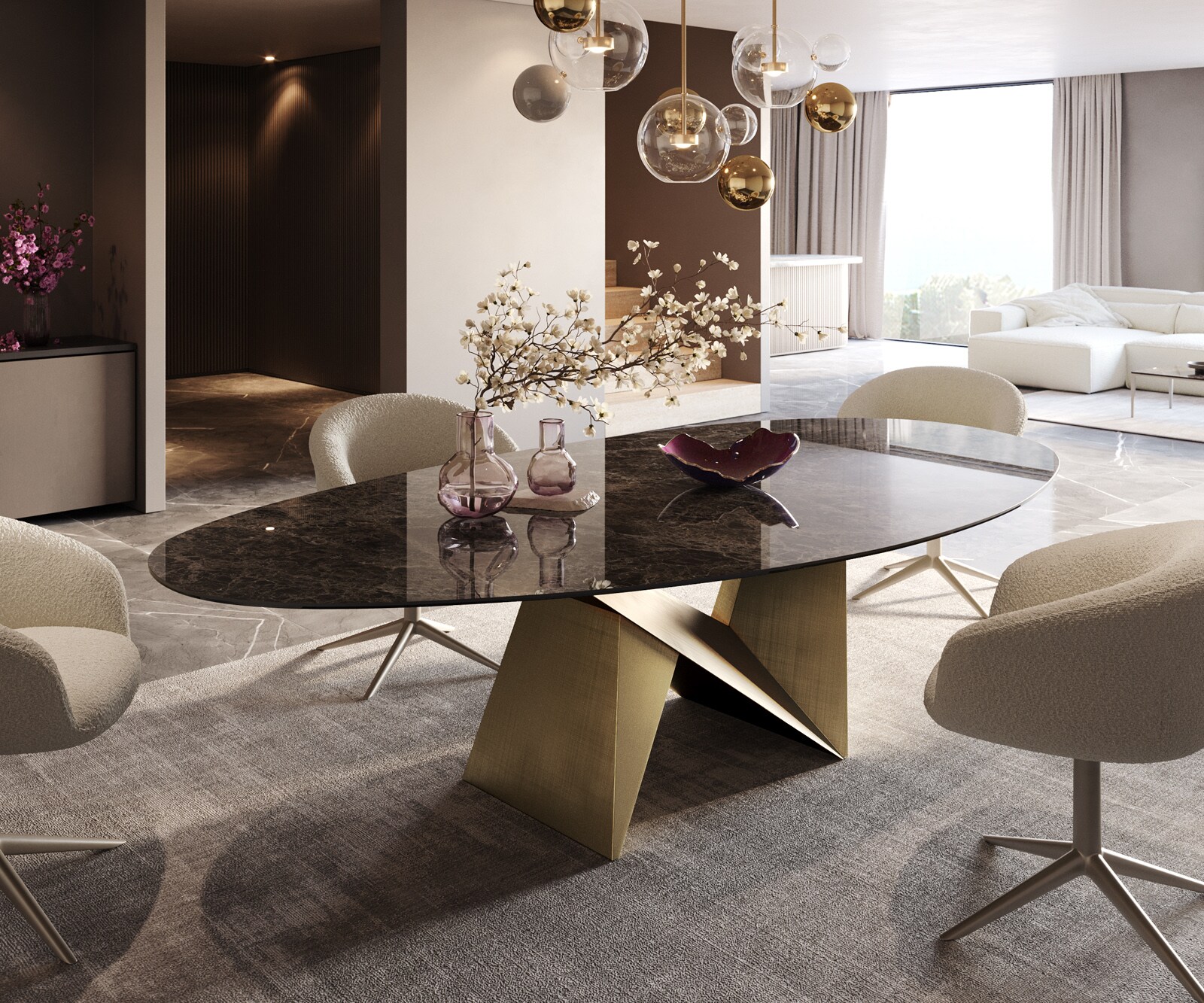 Stół do jadalni Edge owalny 280x130cm ceramika Emperador Extra Lucidato ciemnobrązowa rama Origami metaliczny złoty 1