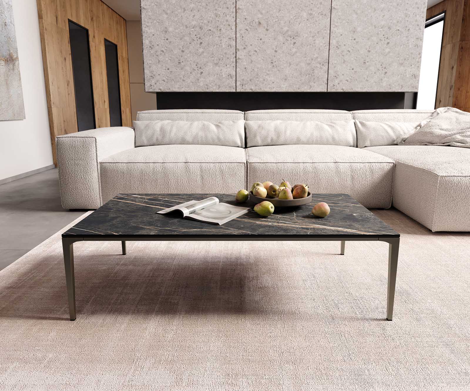 Stolik kawowy Levente 110x60 cm ceramika Laminam® Noir Desir brązowy rama metal kolor tytanowy 1