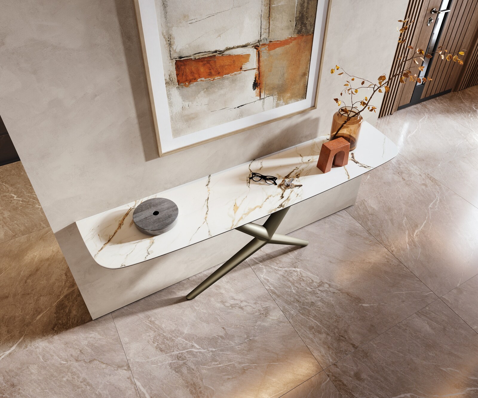Konsola Edge w kształcie beczki 180x40 cm Calacatta Luxe biało-złoto-szara rama Estelo metal w kolorze tytanu 2