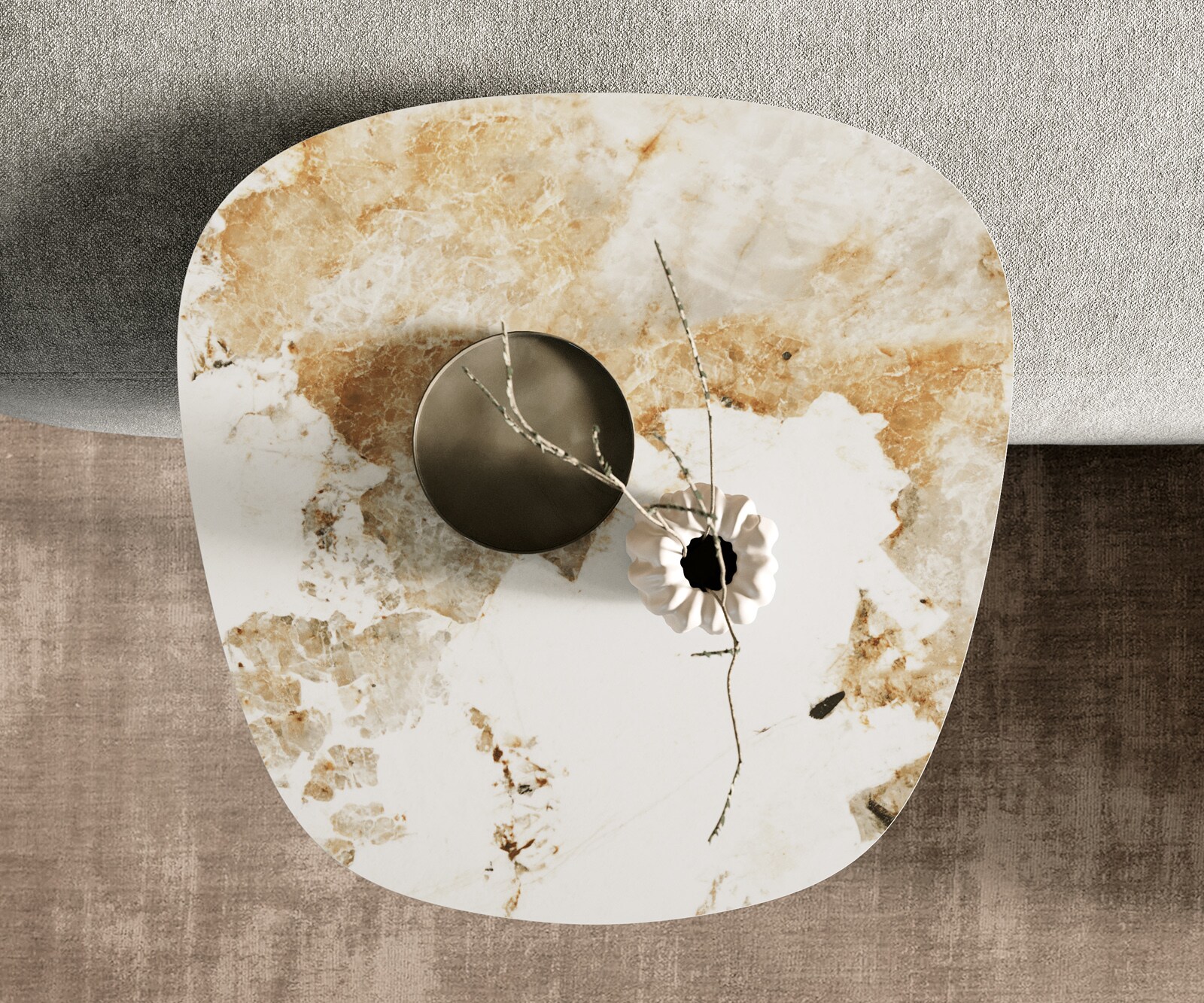 Stolik kawowy Edge w kształcie beczki 60x60 cm ceramika Minas Melange biało-beżowa metal w kolorze tytanu 3