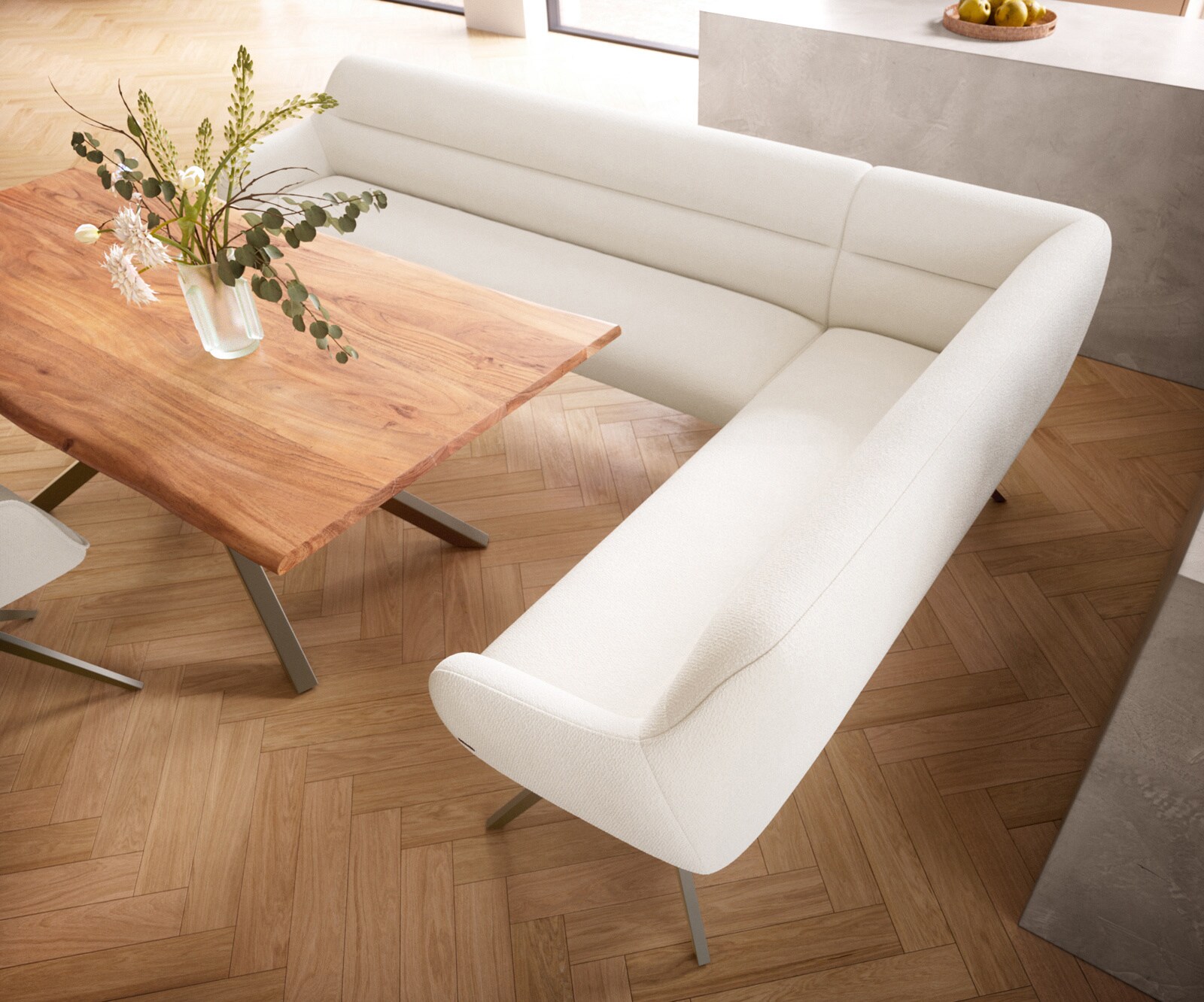 Ławka do jadalni Taya-Flex 285x190 cm bouclé kremowo-biały podstawa krzyżowa kątowa w kolorze tytanu sprężyny kieszeniowe lewa 4