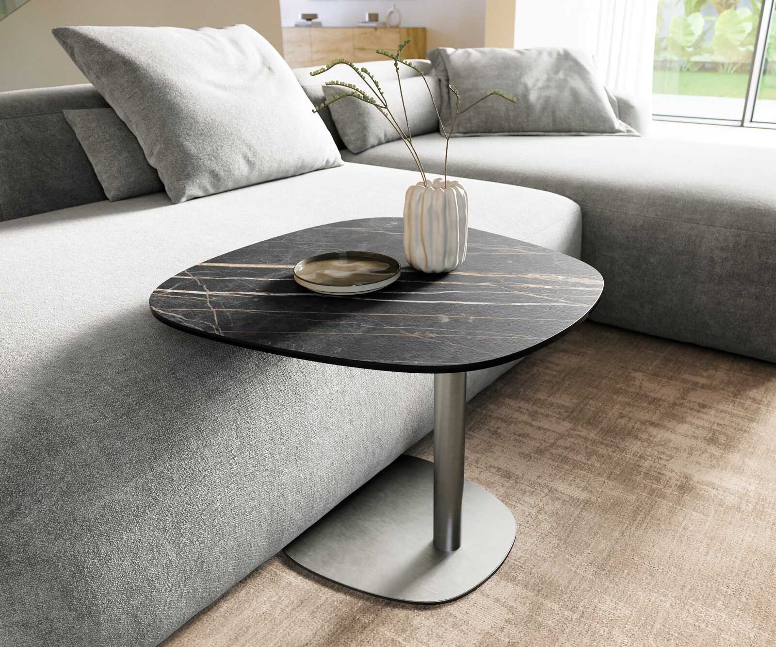 Stolik kawowy Edge w kształcie beczki 60x60 cm Laminam® Noir Desir brązowy podstawa Eleny stal nierdzewna szczotkowana