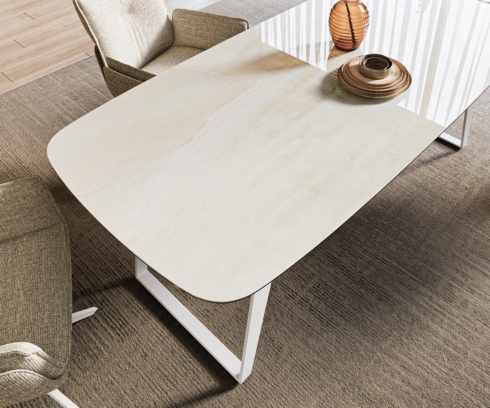 Stół do jadalni Edge w kształcie beczki 200x100 cm ceramika Onyx Champagne rama pochylona metal biały 3