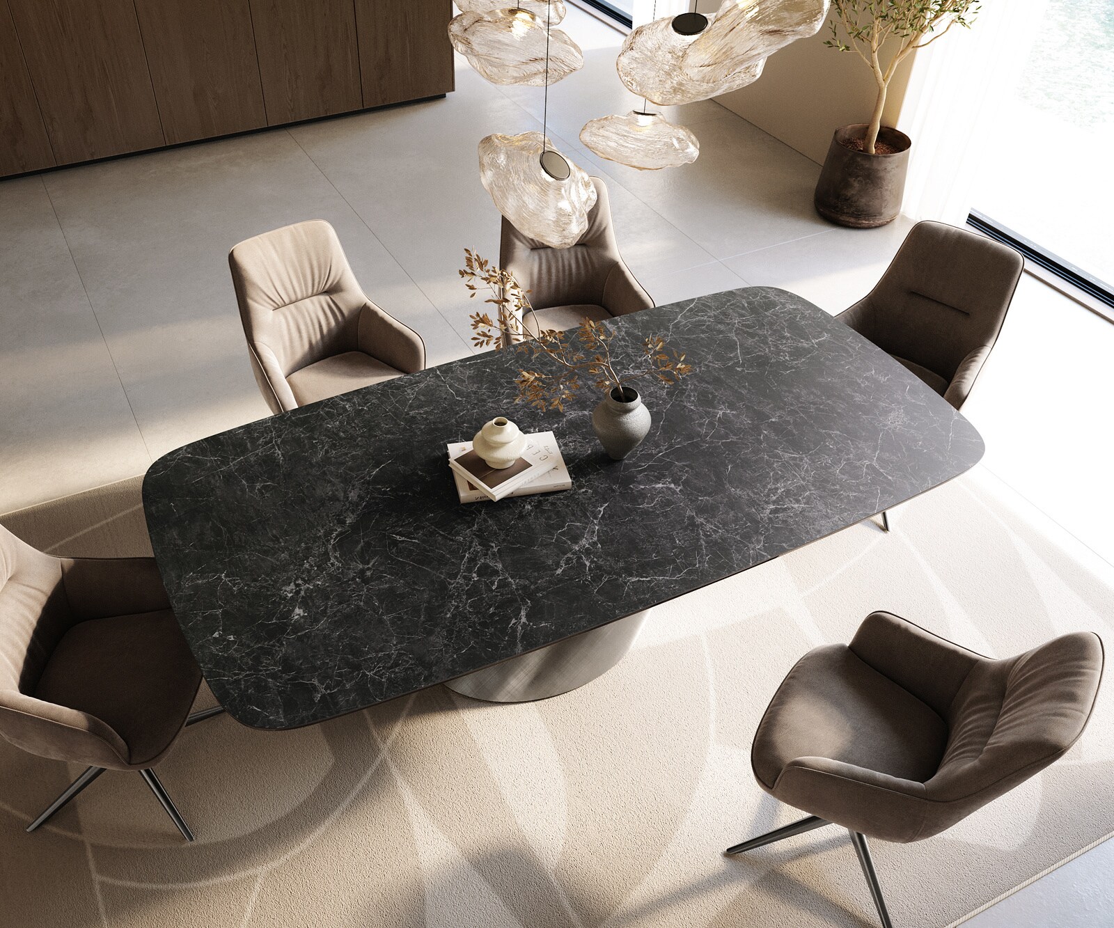 Stół do jadalni Edge w kształcie beczki 240x120 ceramika Laminam® Nero Greco antracytowa rama Cono metaliczny srebrny 4