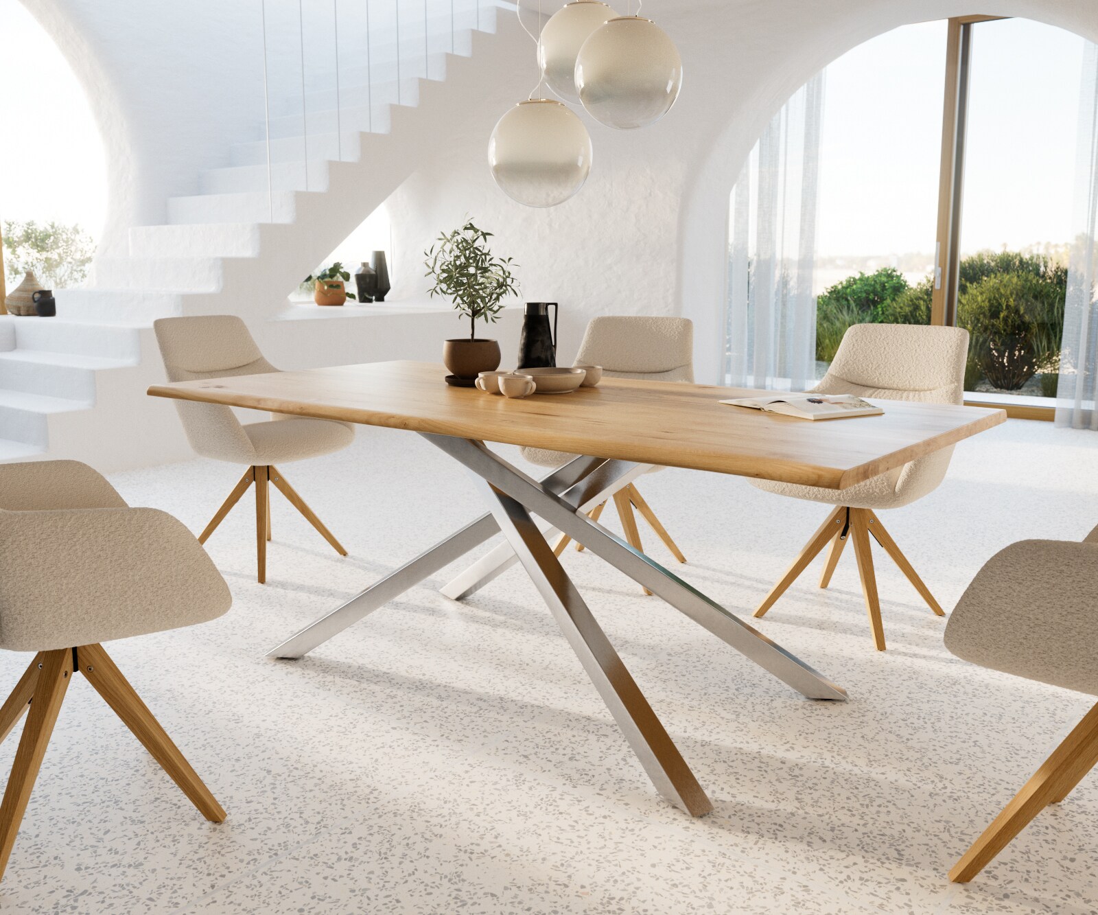 Stół do jadalni Edge 200x100x2,5-3 cm dąb naturalny rama Cross stal nierdzewna live-edge
