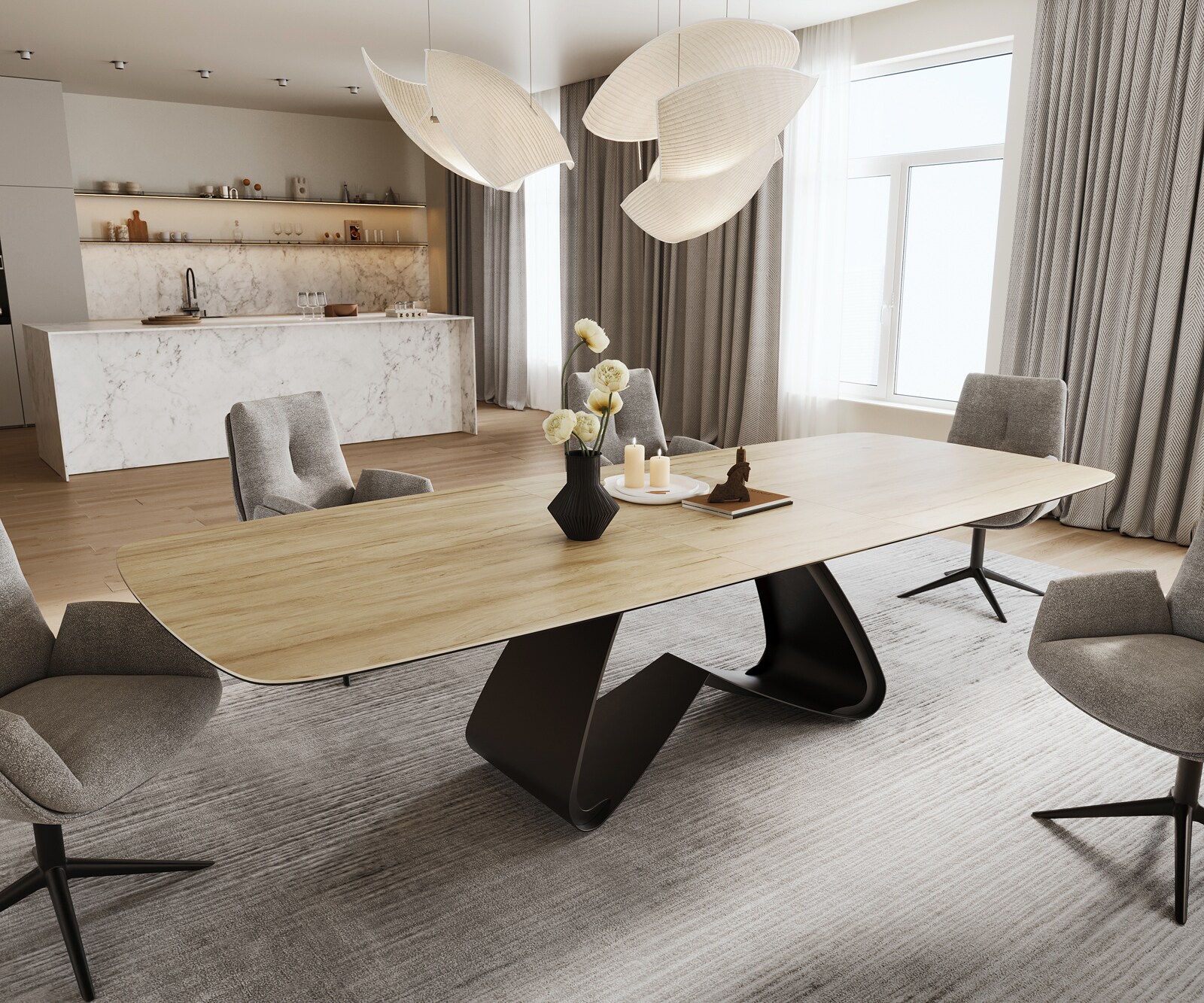 Stół do jadalni Edge w kształcie beczki 240-300x120 cm ceramika Laminam® Sabbia w kolorze dębu rama typu W metal czarny rozkładany