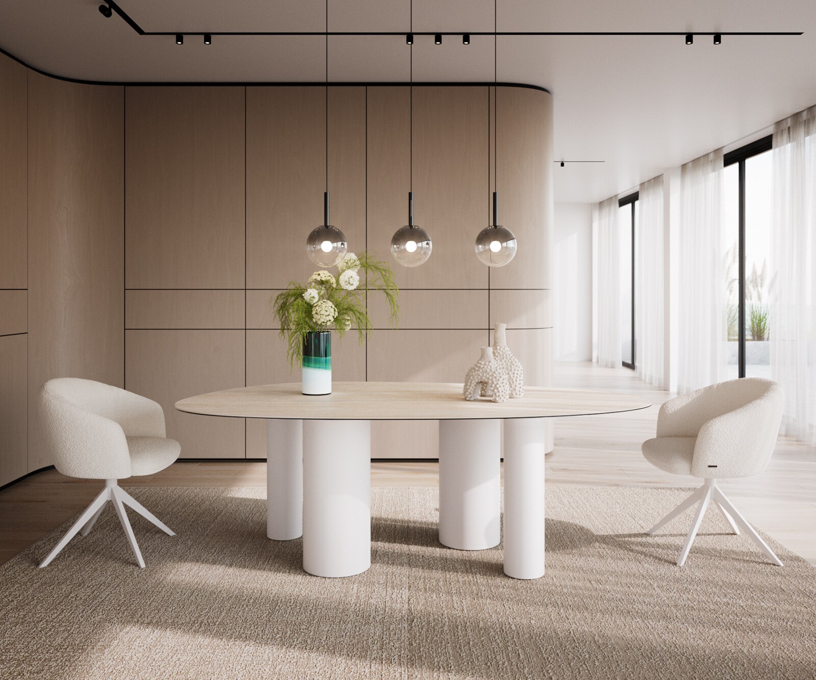 Stół do jadalni Edge owalny 220x120cm ceramika Laminam® Travertino Bianco kremowo-biały rama Pilier metal biały 1
