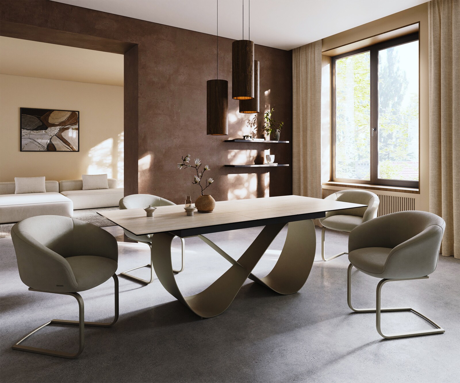 Stół do jadalni Edge 180-220x100cm ceramika Laminam® Travertino Bianco kremowo-biały rama Infinity metal kolor tytanowy rozkładany 6