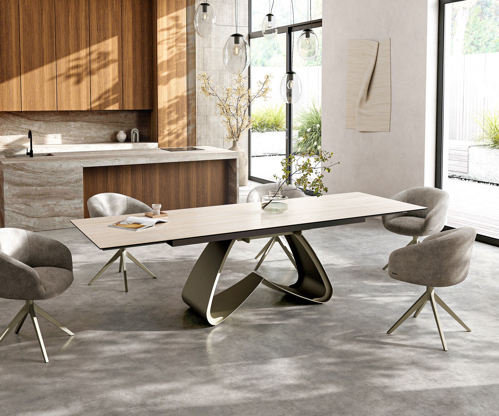 Stół do jadalni Edge 200-300x100cm ceramika Laminam® Travertino Bianco kremowo-biały rama W kolor tytanowy rozkładany 6
