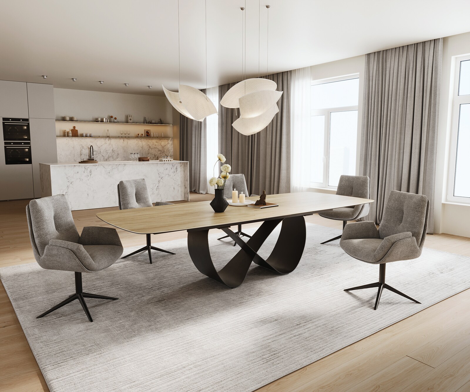 Stół do jadalni Edge w kształcie beczki 240-300x120 cm ceramika Laminam® Sabbia w kolorze dębu rama Infinity metal czarny rozkładany 6