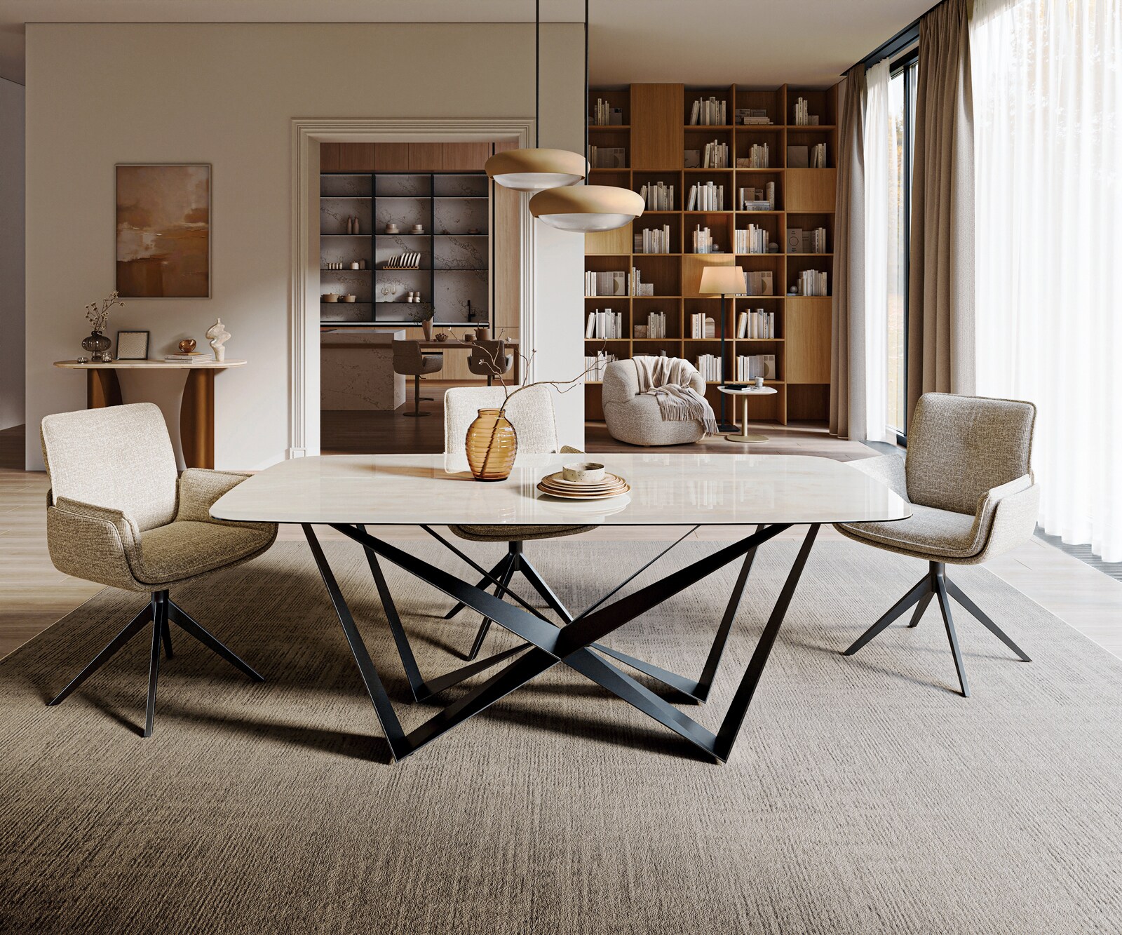 Stół do jadalni Edge w kształcie beczki 200x100 cm ceramika Onyx Champagne rama Spider metal czarny 1