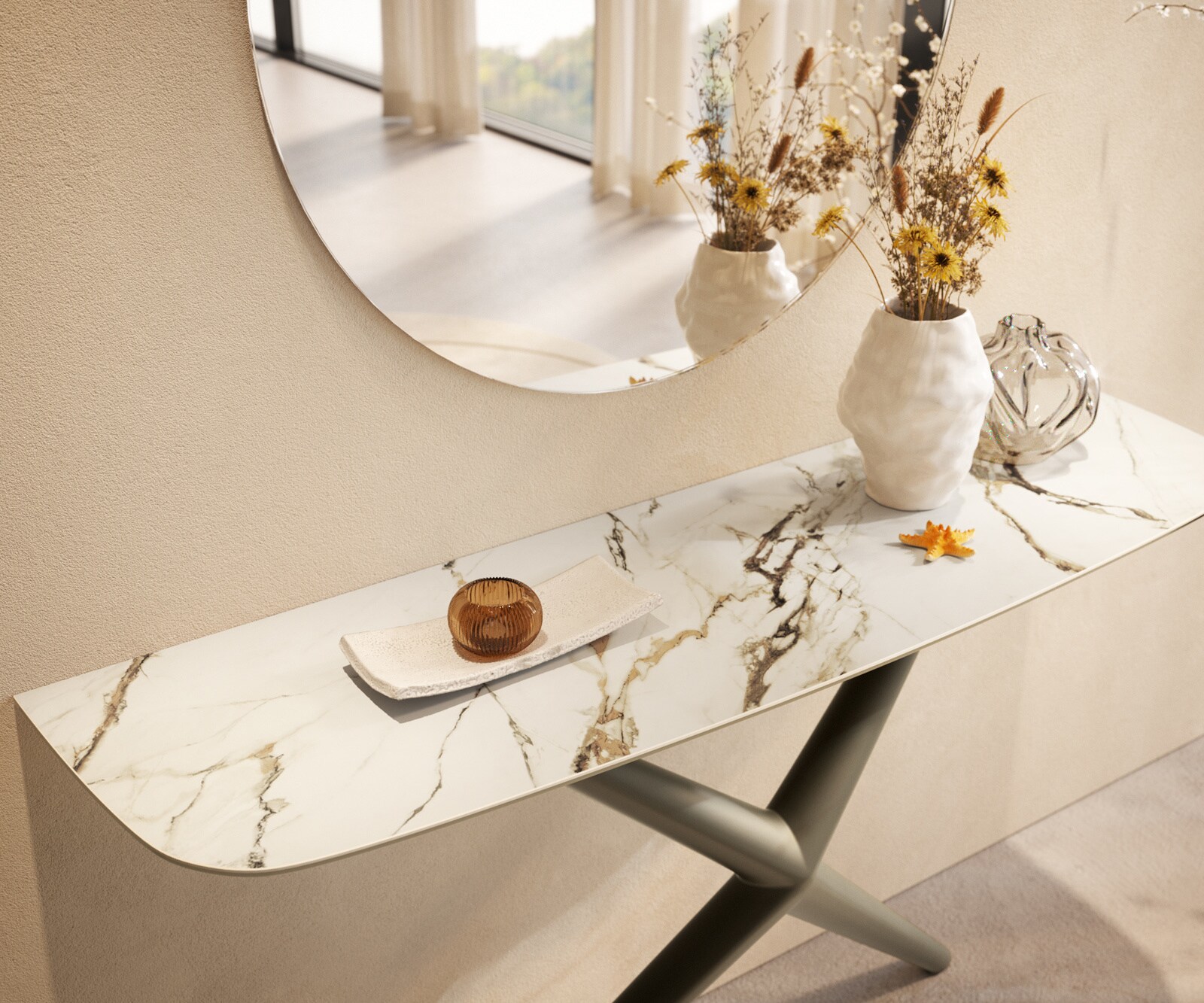 Konsola Edge w kształcie beczki 140x40 cm ceramika Calacatta Luxe biało-złoto-szara rama Estelo metal w kolorze tytanu 6