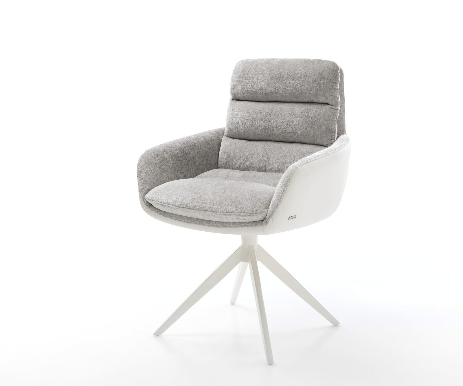 Krzesło do jadalni Abelia-Flex z podłokietnikami mieszanka materiałów skóra naturalna/szenil kolor biało-srebrno-szary rama krzyżowa szeroka biała obracane o 360° funkcja kołyski