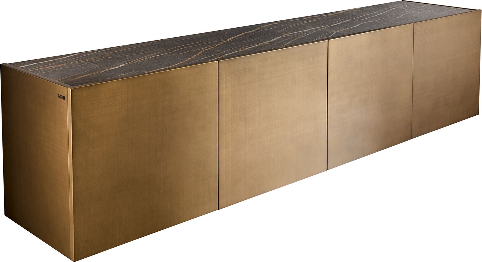 Komoda Kazu 220 cm metaliczny złoty 4 drzwi nożk wąskie metal czarny ceramika Laminam® Noir Desir brązowy