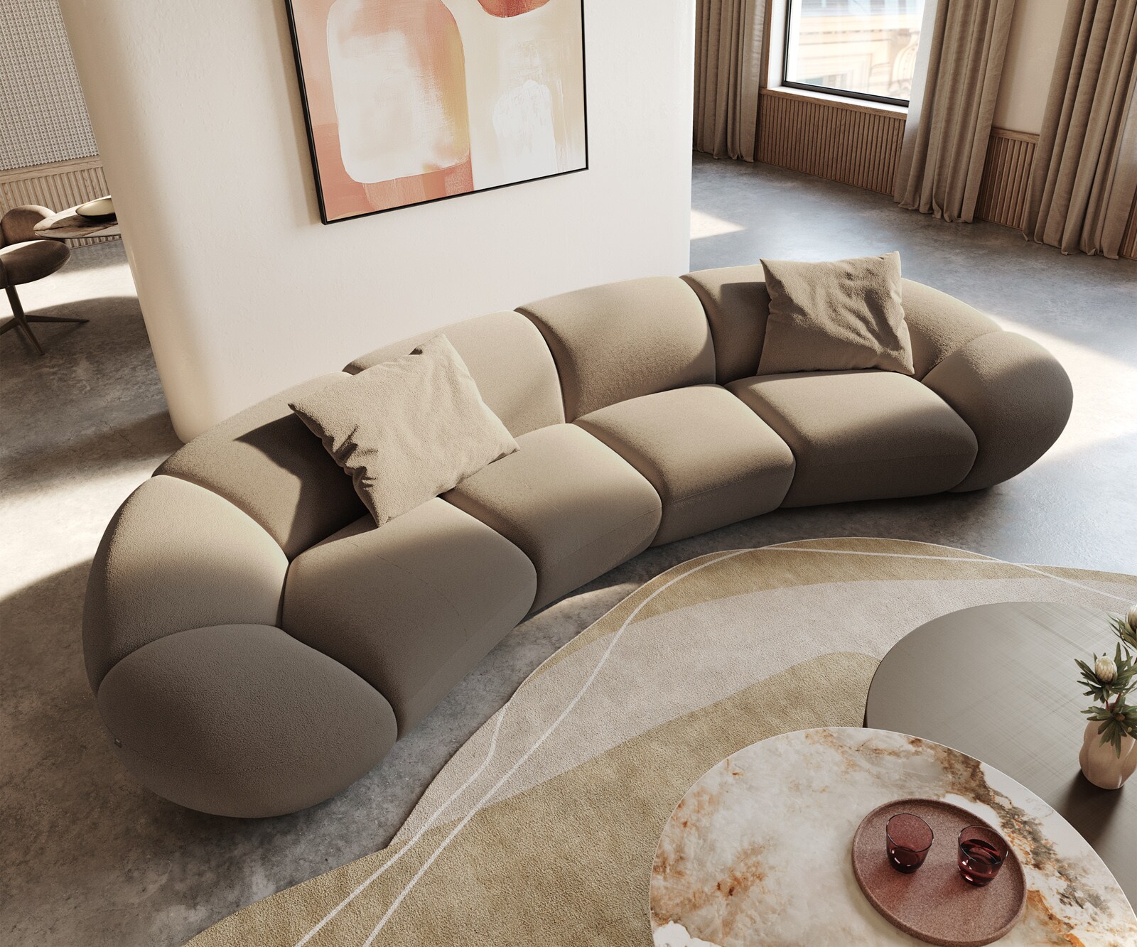 Sofa Lunna 360x175 cm miękka tkanina bouclé szaro-brązowa 2 poduszki 1
