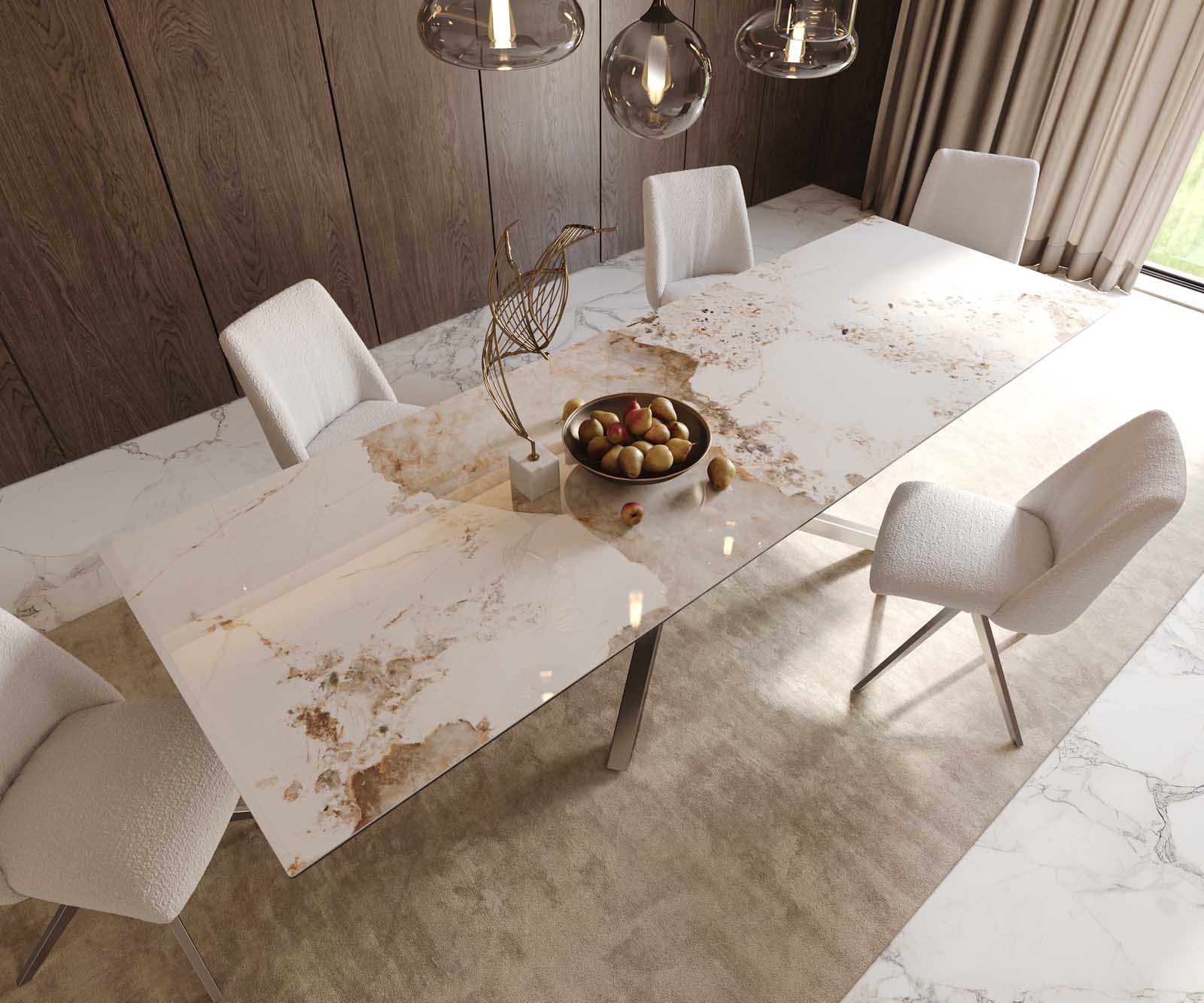 Stół do jadalni Edge 300x100cm ceramika Minas Melange biało-beżowy rama Cross stal nierdzewna 6