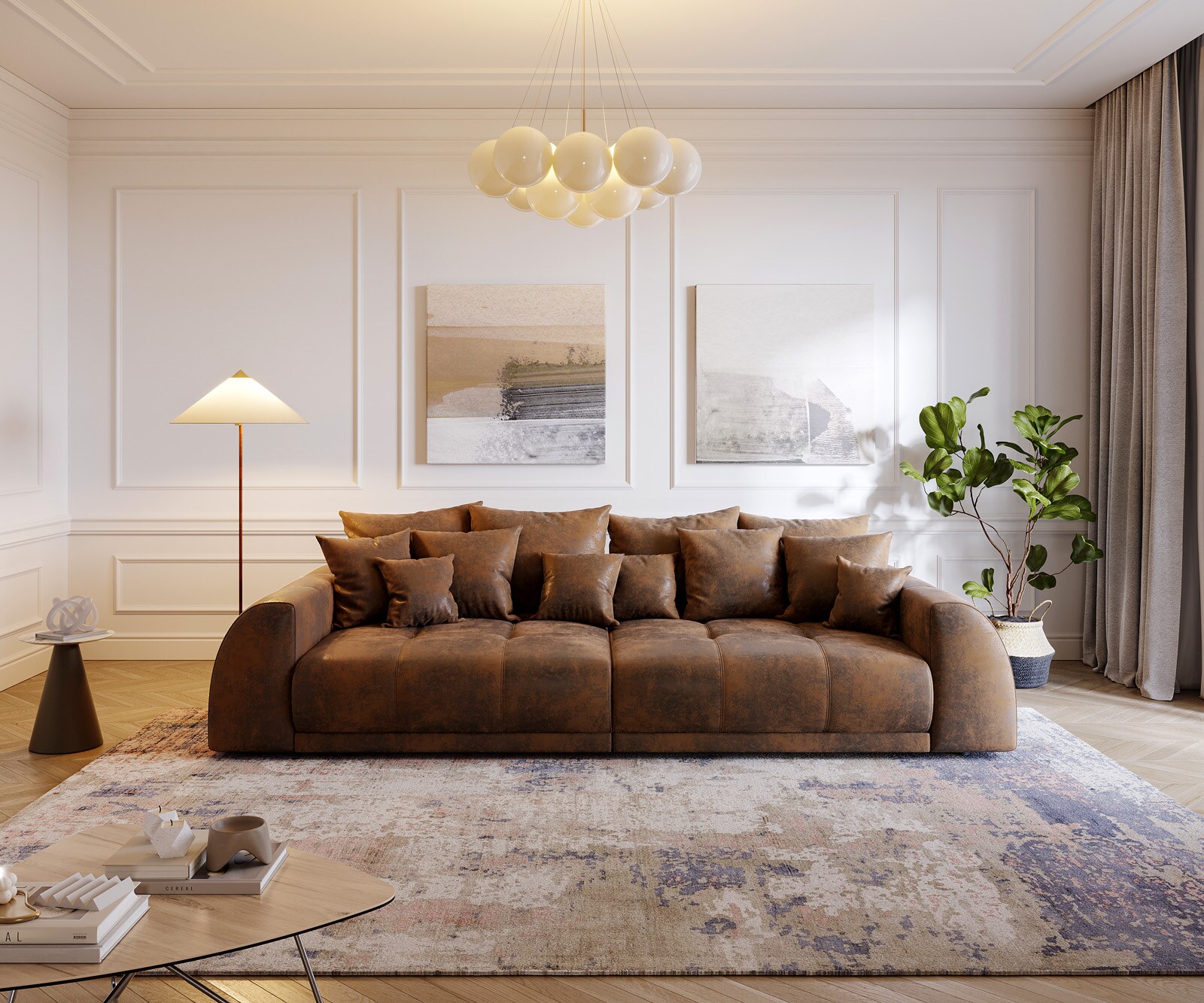 Sofa Violetta XL 310x135cm brązowy antyczny z poduszkami 1