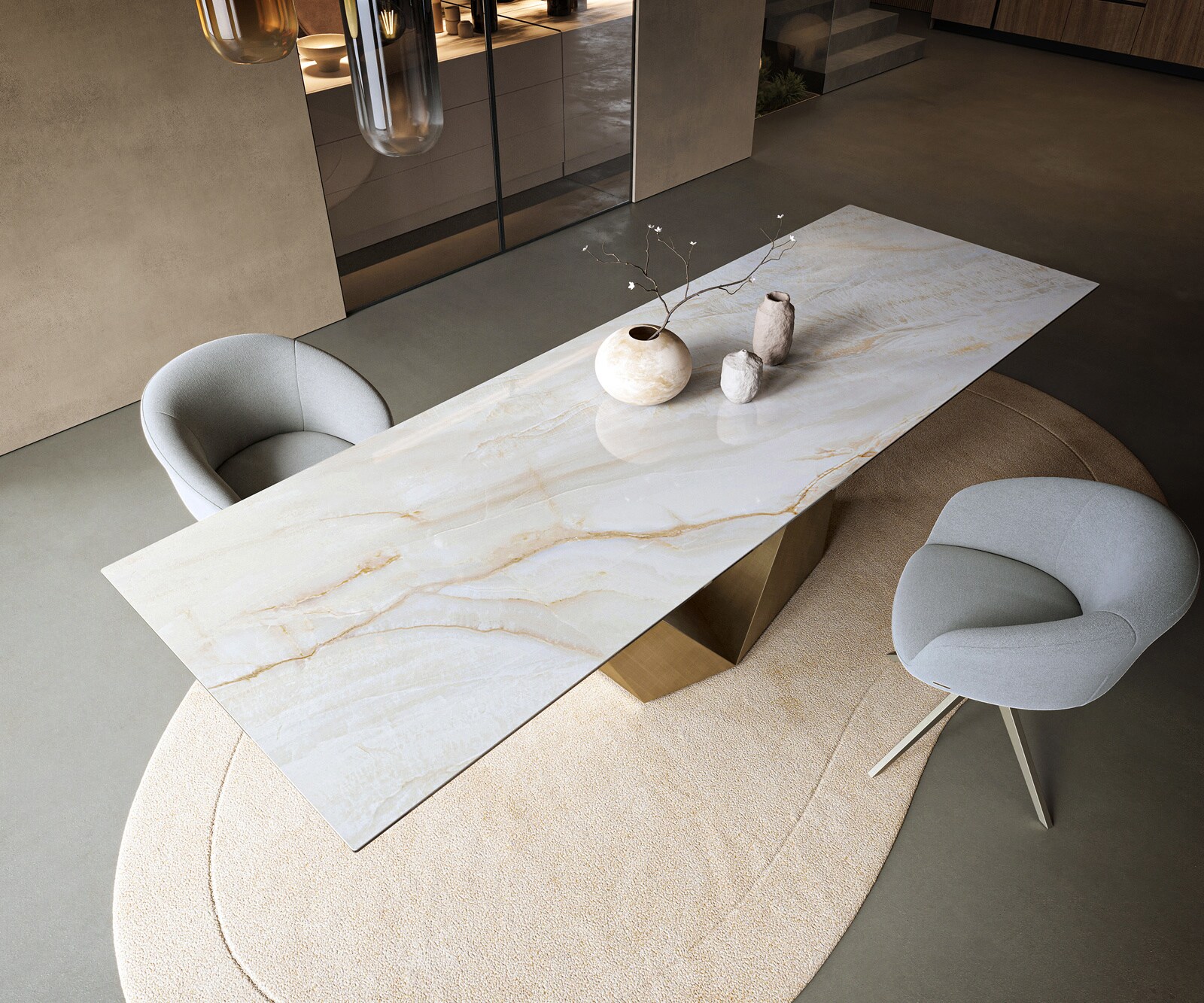 Stół do jadalni Edge 300x100 cm ceramika Onyx Pearl rama Prisma metaliczny złoty 3