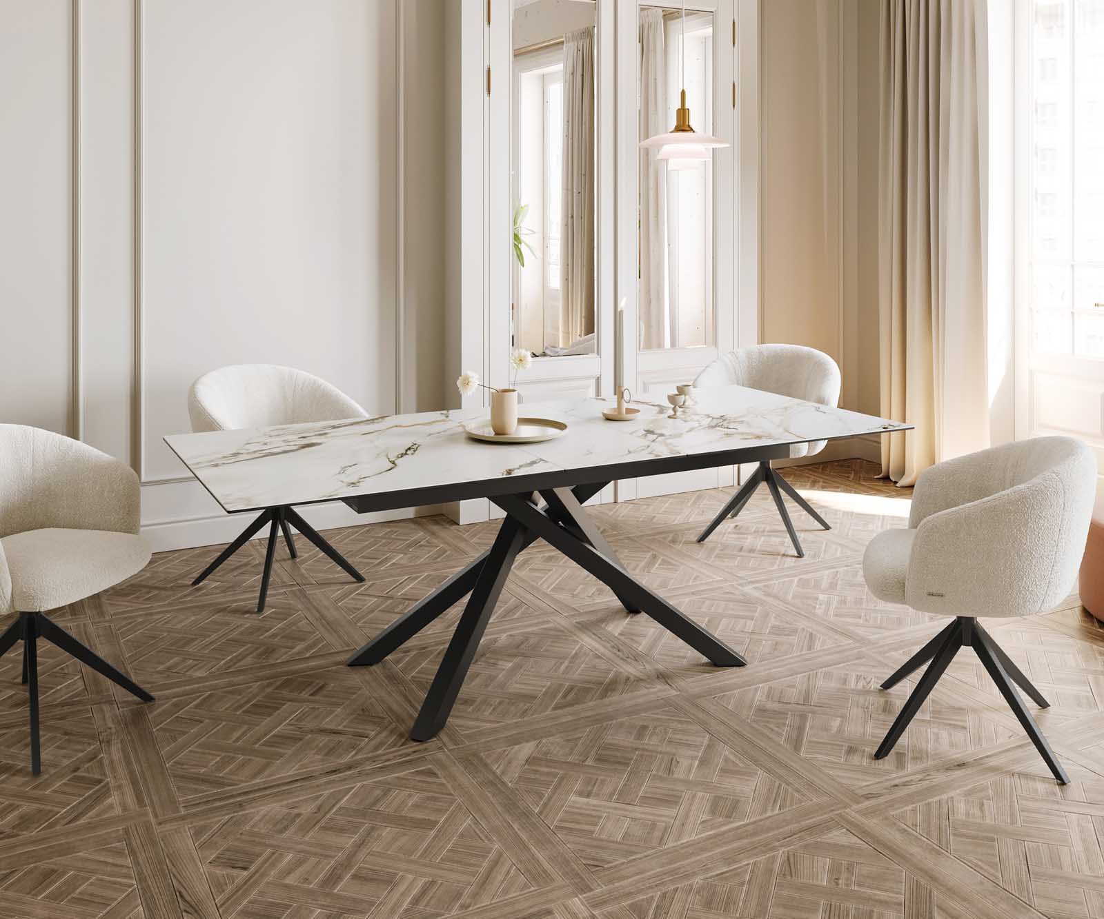 Stół do jadalni Edge 180-220x100 cm ceramika Calacatta Luxe biało-złoto-szary rama Cross czarna rozkładany 8