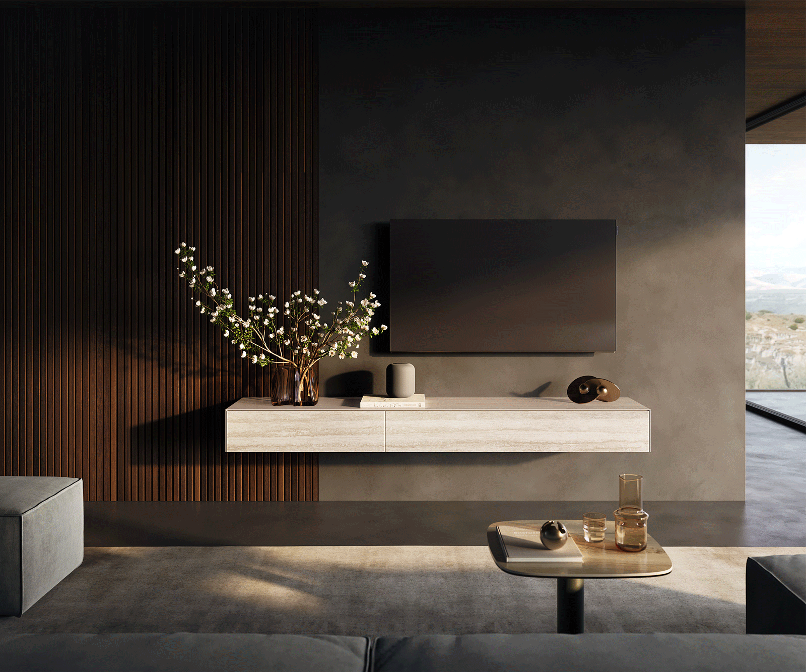 Szafka RTV Cuor 200 cm ceramika Laminam® Travertino Bianco kremowo-biały 1 klapa 1 szuflada podwieszana 1