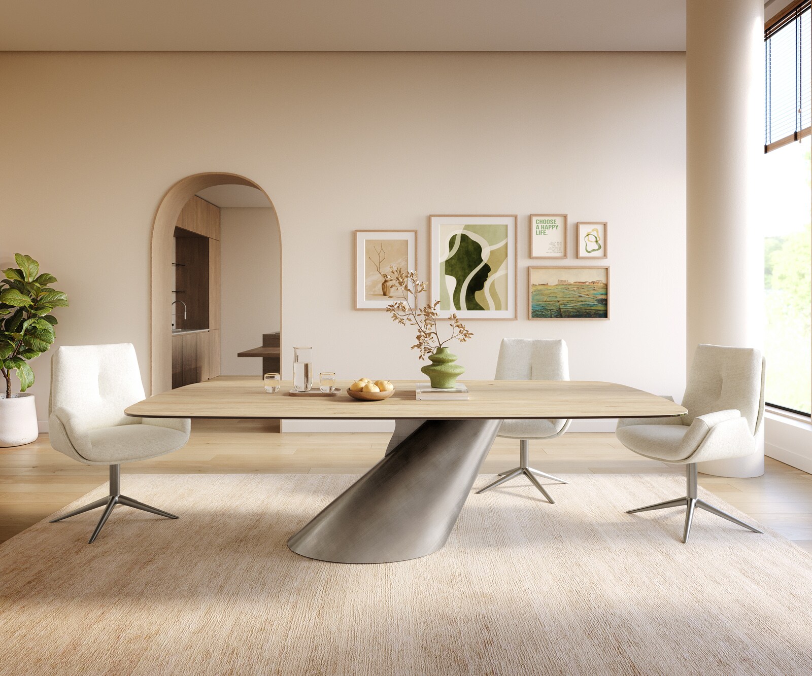 Stół do jadalni Edge w kształcie beczki 240x120 cm ceramika Laminam® Sabbia w kolorze dębu rama Cono metaliczny srebrny 1