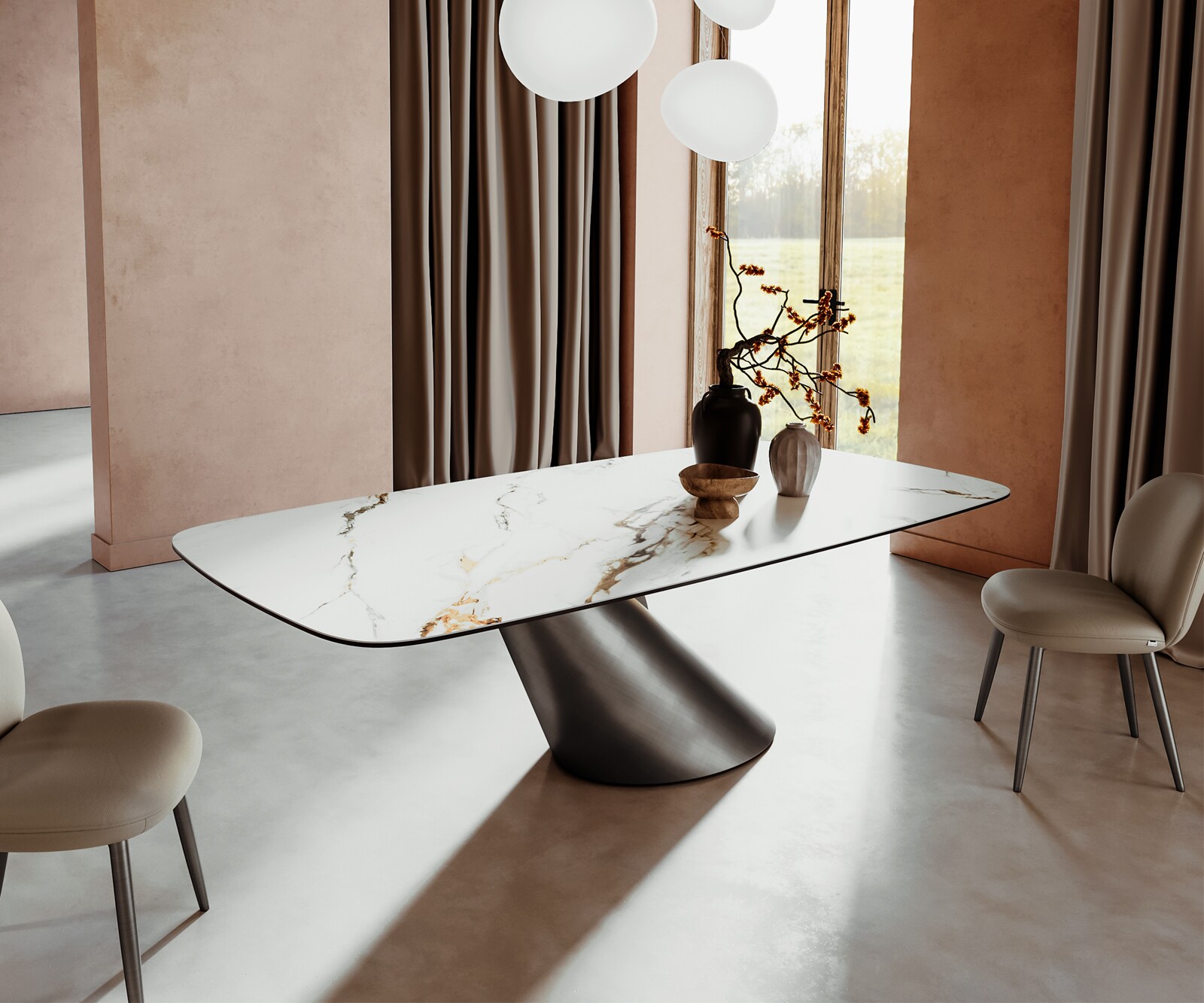 Stół do jadalni Edge kształt beczki 240x120cm ceramika Calacatta Luxe biało-złoto-szary rama Cono metaliczny srebrny 1