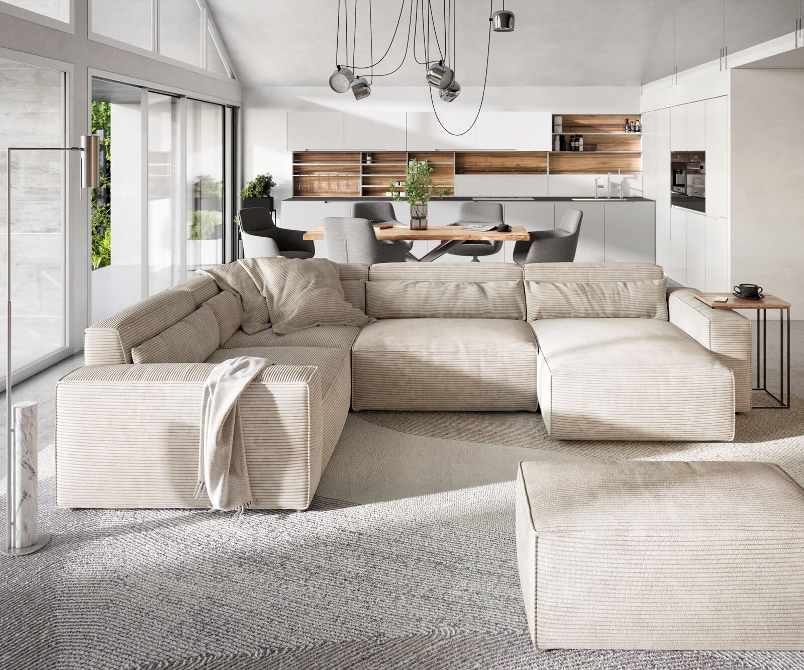 Sofa w kształcie litery U Sirpio 300x210 cm sztruks beżowy szezlong z możliwością obustronnego montażu z pufem 2