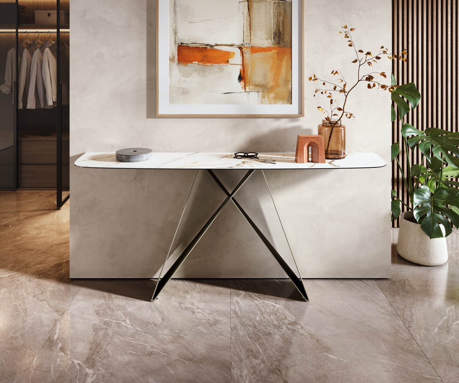 Konsola Edge w kształcie beczki 180x40 cm Calacatta Luxe biało-złoto-szara podstawa Velio metal w kolorze tytanu 1