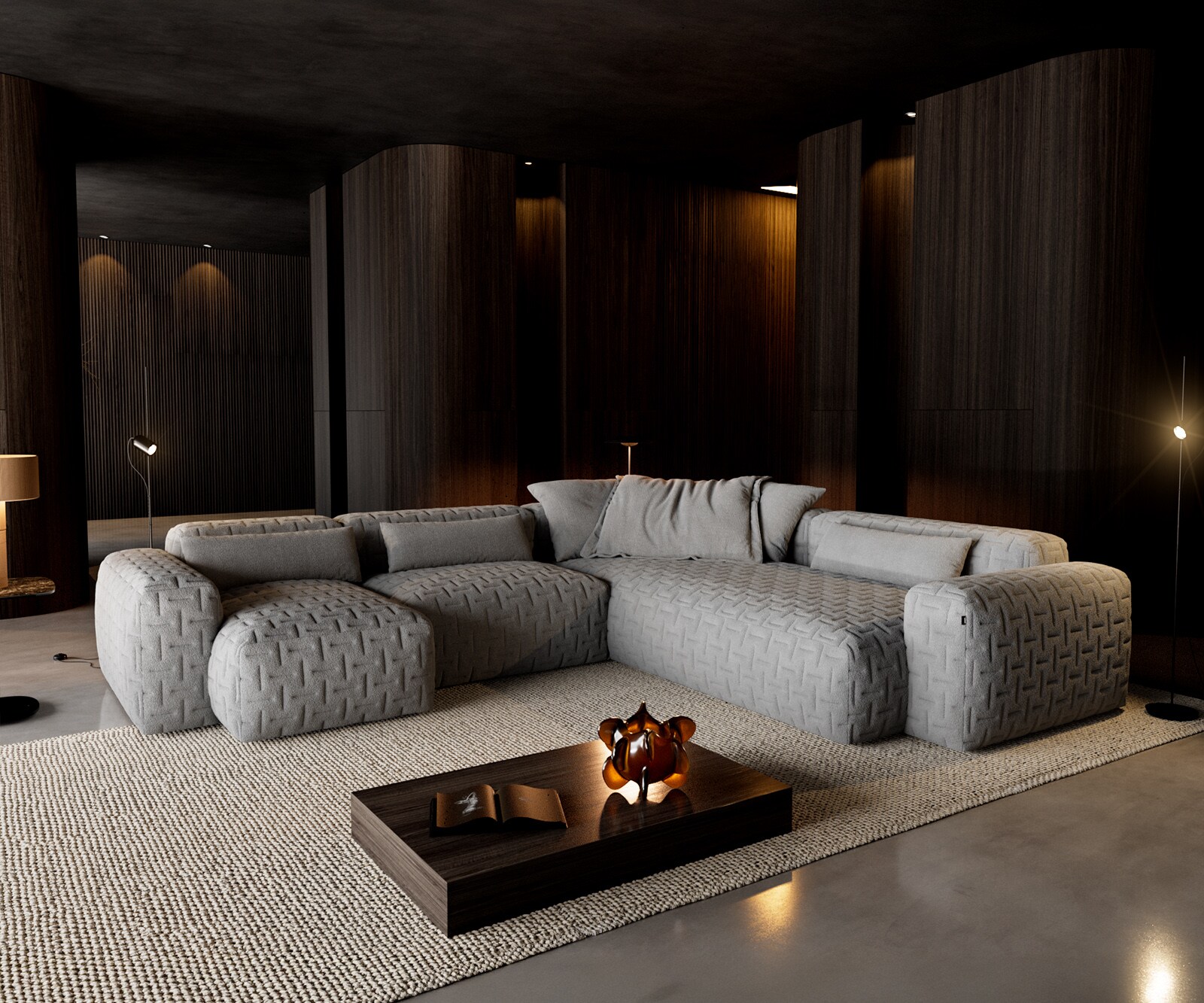 Sofa w kształcie litery U Freestyle 360x290 cm miękka tkanina strukturalna szara pikowana 1