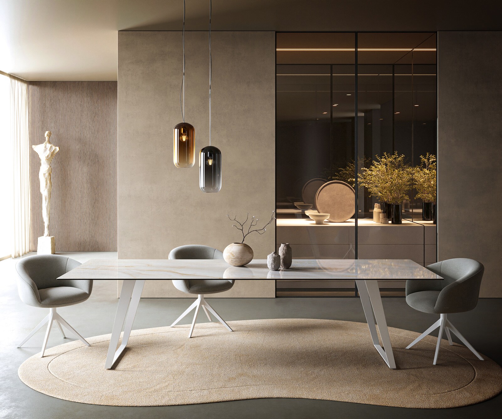 Stół do jadalni Edge 300x100cm ceramika Onyx Pearl metal pochylona rama biała 1