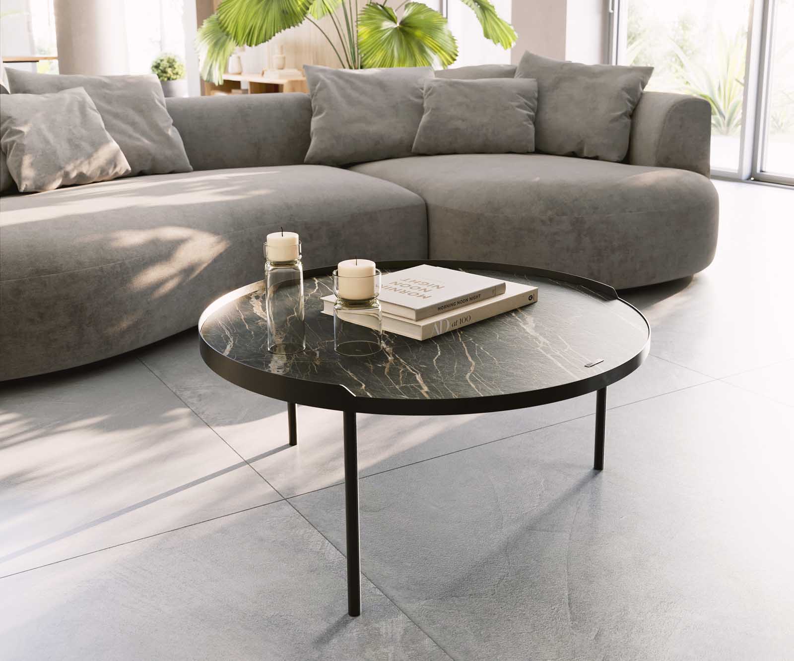 Stolik kawowy Torell 80x80 cm ceramika Laminam®Noir Desir brązowa podstawa czarna metalowa 1