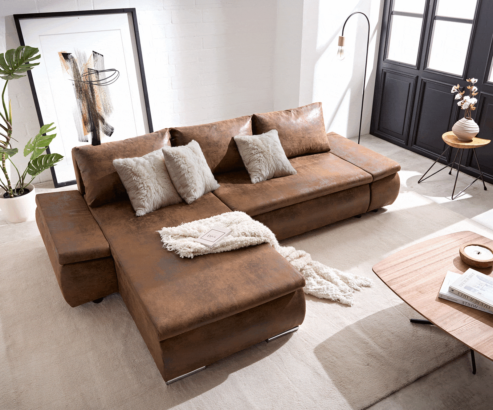 Sofa narożna Abilene 260x175 cm brązowy szezlong z możliwością zmiennego montażu z funkcją spania 5