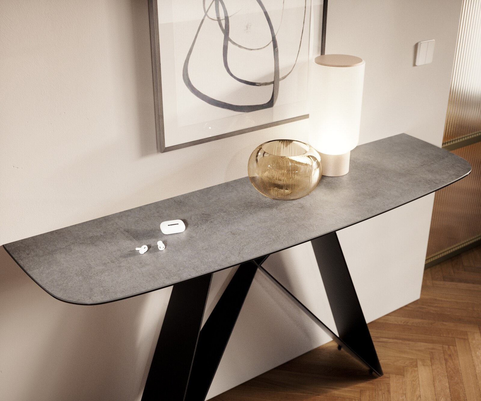 Konsola Edge w kształcie beczki 140x40 cm ceramika w kolorze betonowej szarości podstawa Velio metal czarny 6