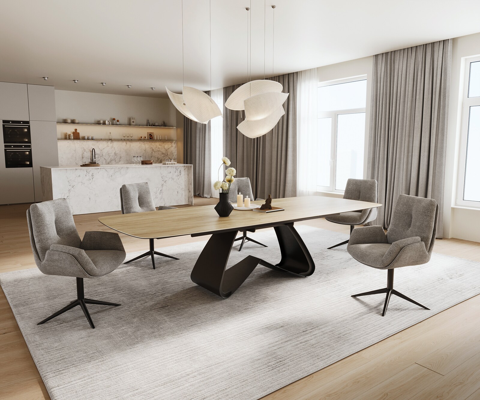 Stół do jadalni Edge w kształcie beczki 240-300x120 cm ceramika Laminam® Sabbia w kolorze dębu rama typu W metal czarny rozkładany 6