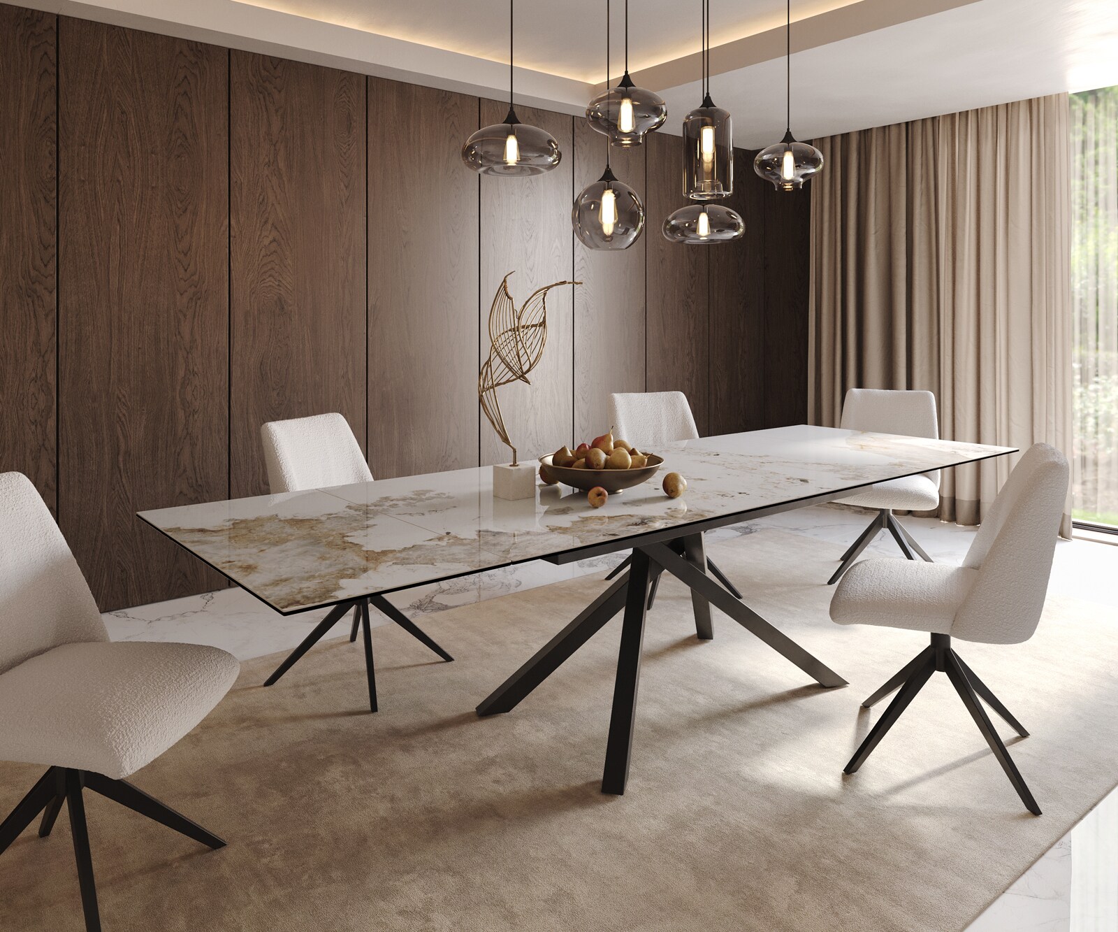 Stół do jadalni Edge 200-300x100 cm ceramika Minas Melange biało-beżowy rama Cross czarna rozkładany