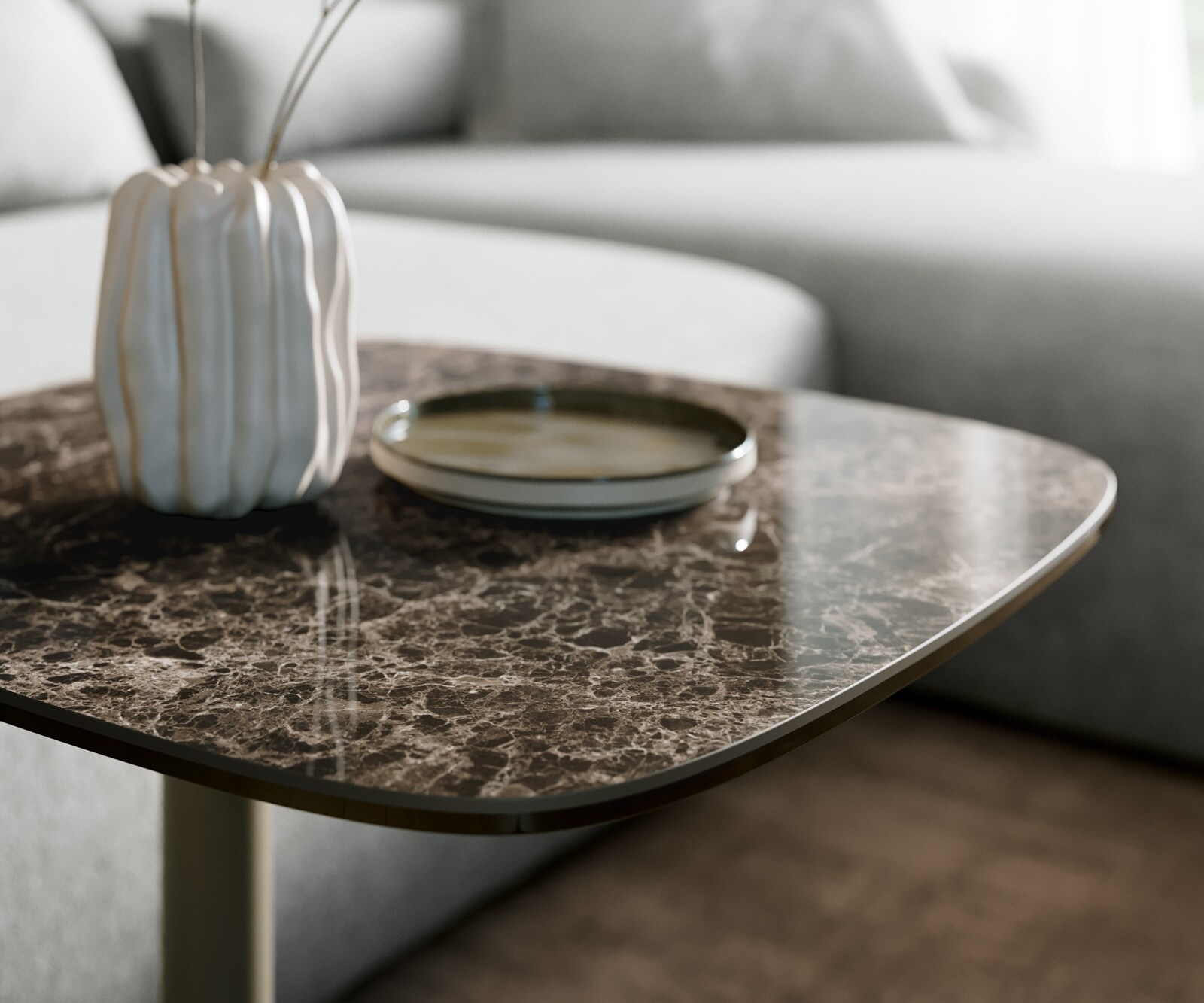 Stolik kawowy Edge w kształcie beczki 50x50 cm Laminam® Emperador Extra Lucidato ciemnobrązowy podstawa Eleny metal w kolorze tytanu 5
