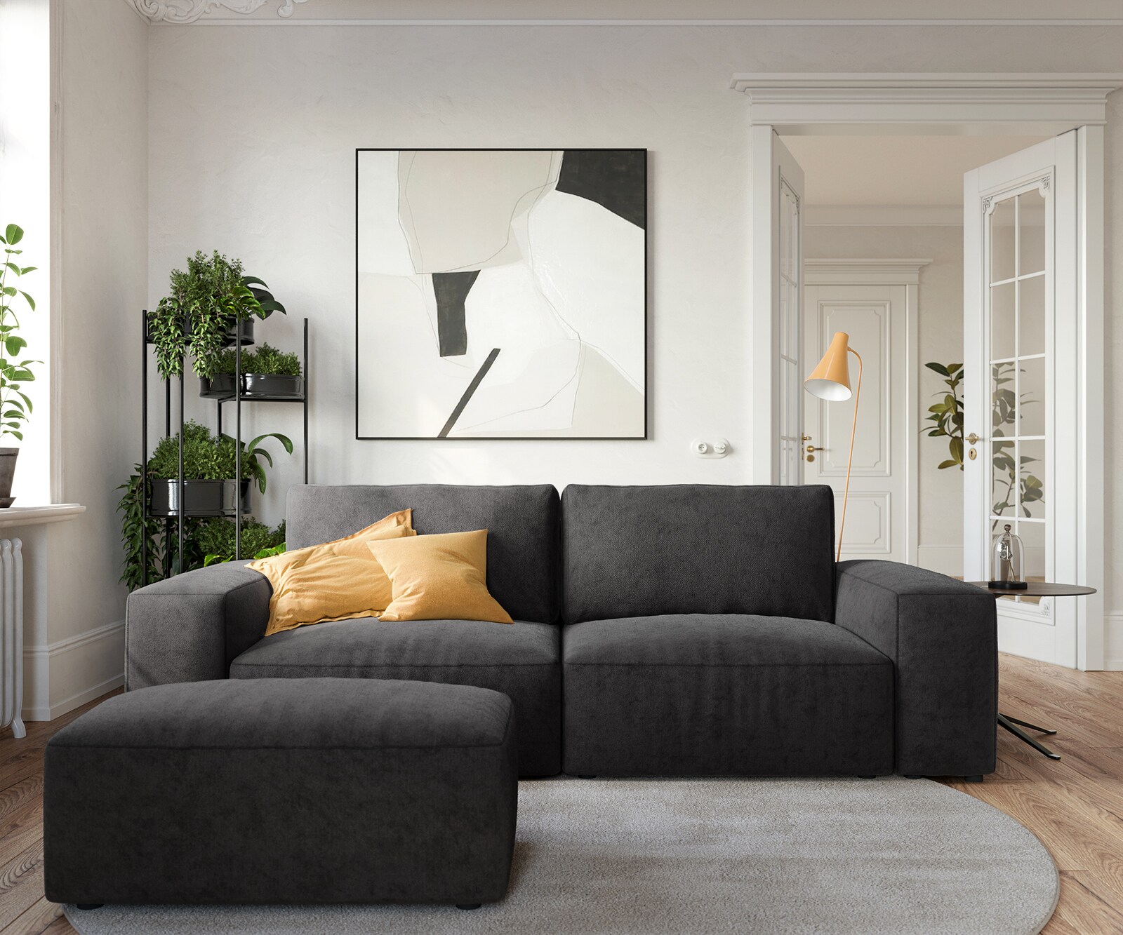 Duża sofa Lanzo L 250x105 cm mikrofibra czarna z pufem 1