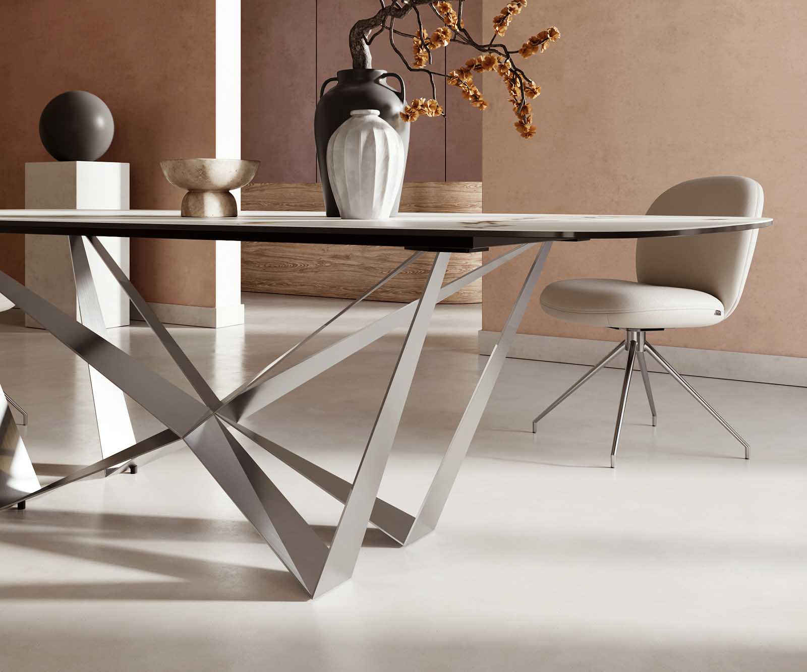 Stół do jadalni Edge kształt beczki 240x120cm ceramika Calacatta Luxe biało-złoto-szary rama Spider stal nierdzewna 5