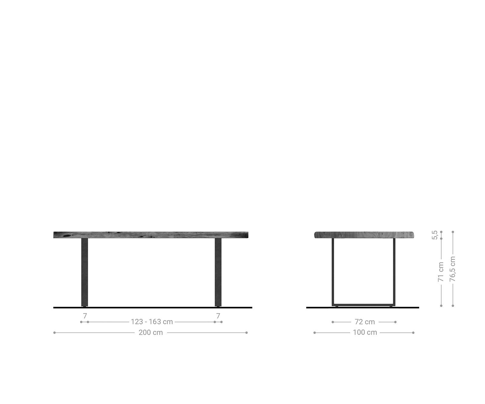 Stół do jadalni Edge 200x100 cm XL akacja platynowa metal wąska rama czarna live-edge 6