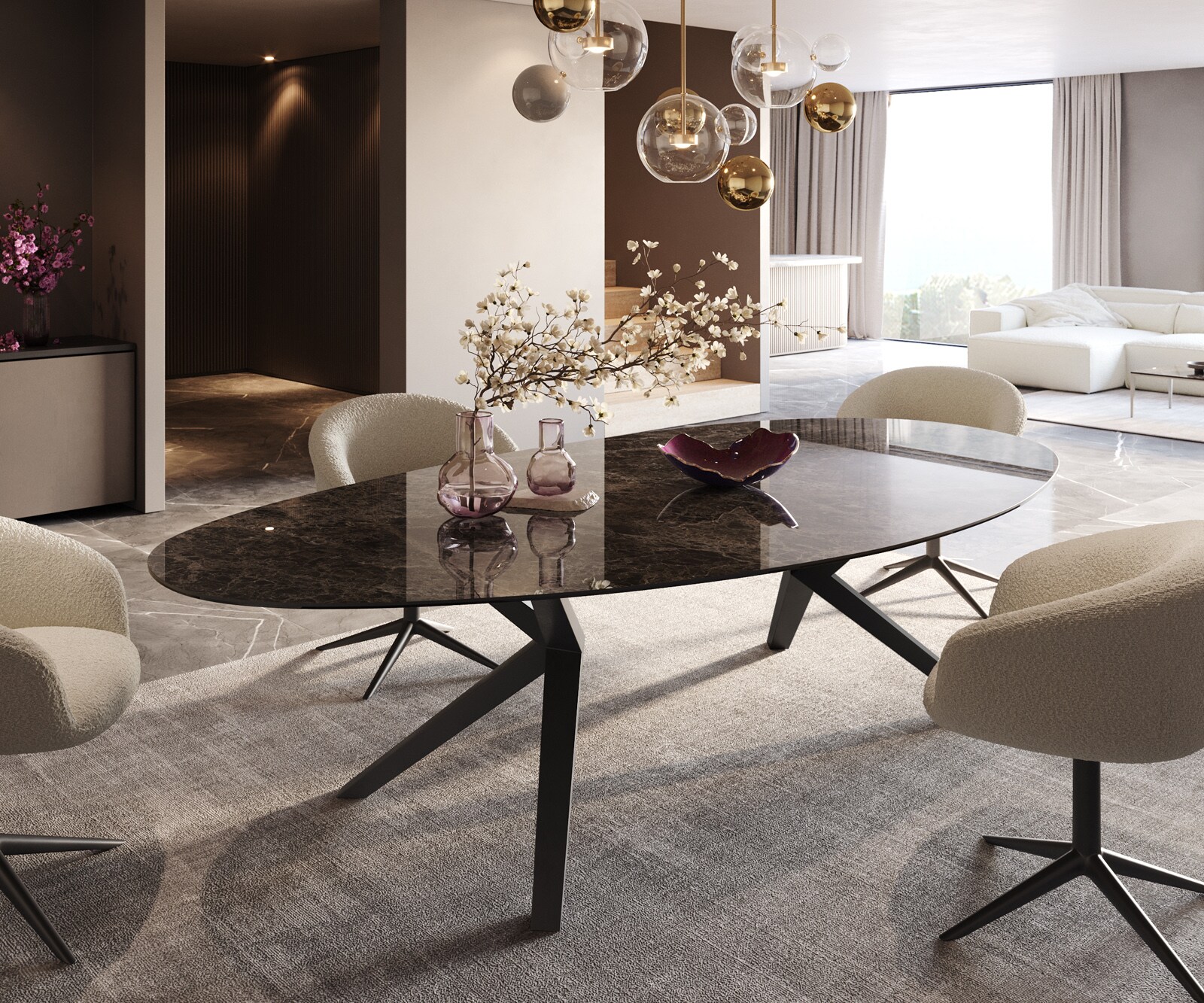 Stół do jadalni Edge owalny 280x130cm ceramika Emperador Extra Lucidato ciemnobrązowy rama Zenthara metal czarny 1