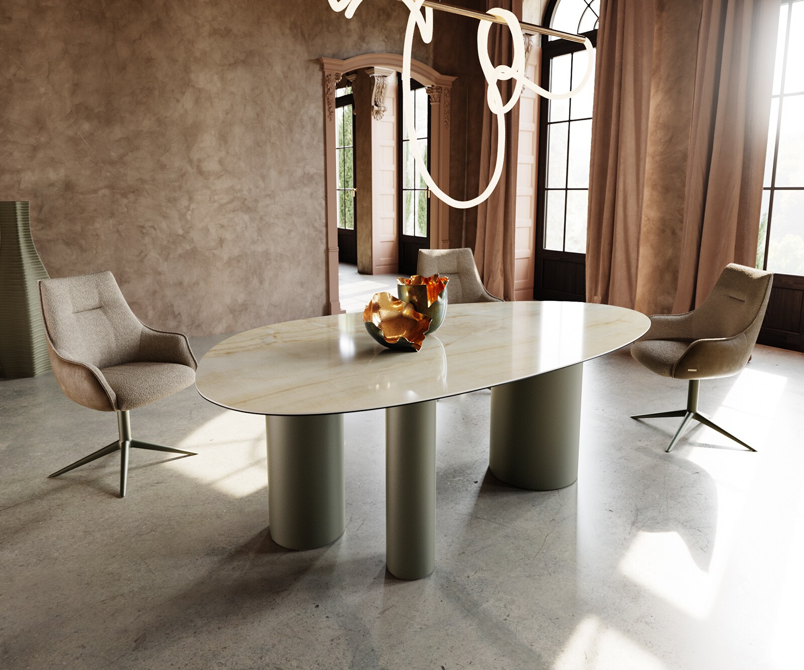 Stół do jadalni Edge owalny 220x120cm ceramika Iris FMG Onice Oro rama Troa metal kolor tytanowy 1