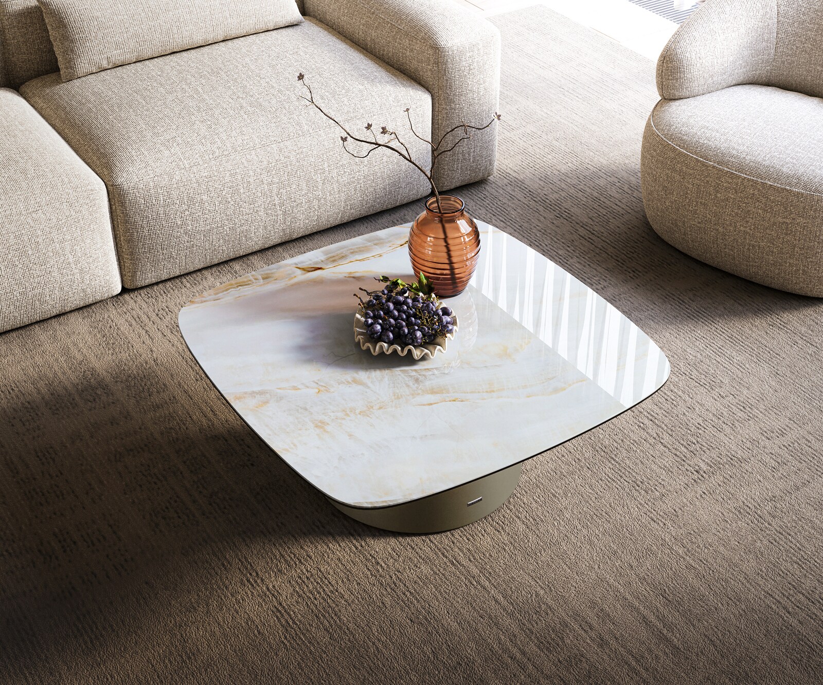 Stolik kawowy Edge w kształcie beczki 90x90 cm ceramika Onyx Pearl podstawa Borna metal w kolorze tytanu 4