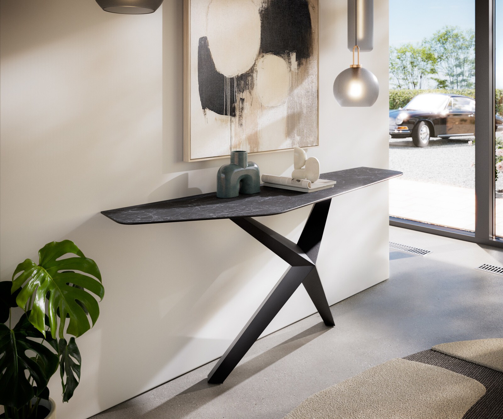 Konsola Edge wielokątna 180x50 cm ceramika Laminam® Nero Greco antracytowa podstawa Zentharo metal czarny 4
