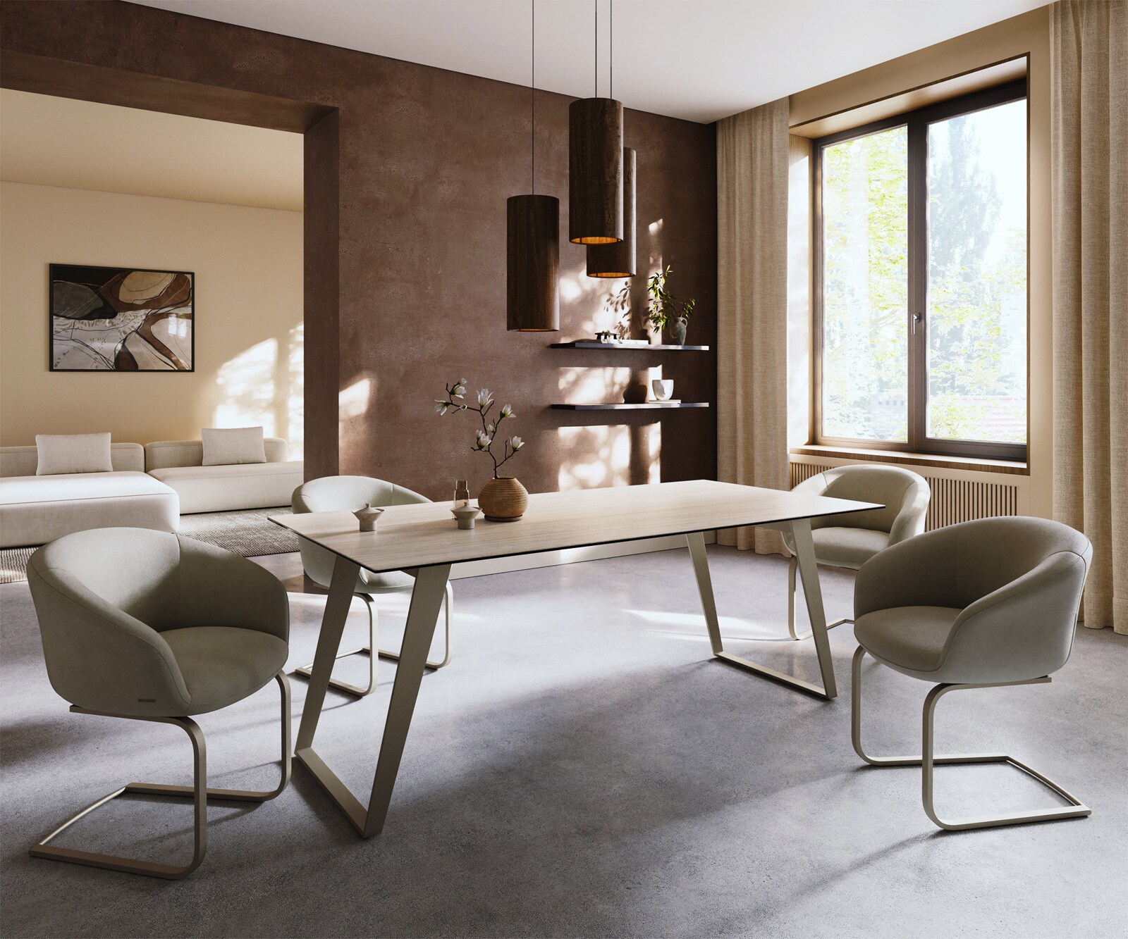 Stół do jadalni Edge 200x100cm ceramika Laminam® Travertino Bianco kremowo-biały rama pochylona metal kolor tytanowy 6