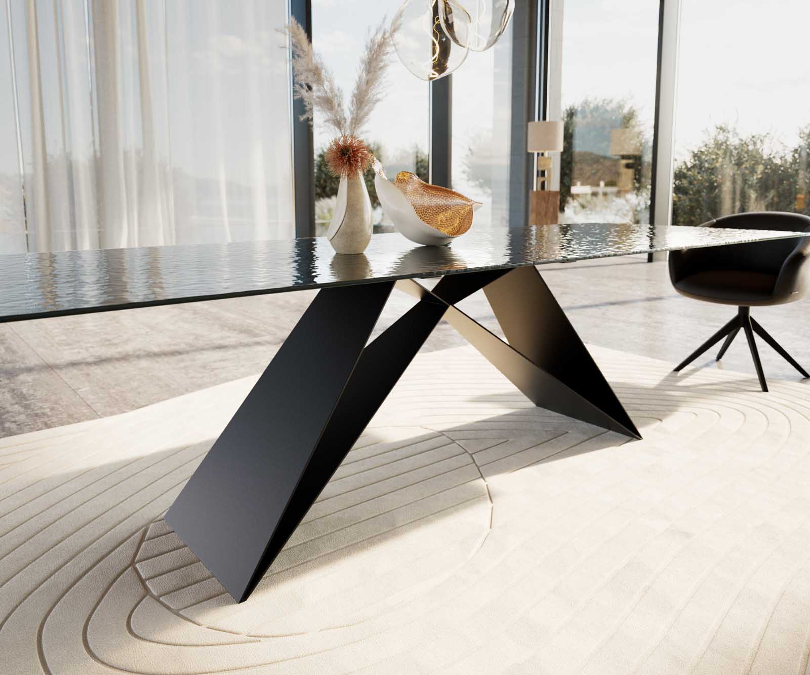 Stół do jadalni Edge 300x100cm szkło reliefowe czarne efekt 3D rama V metal czarna 5