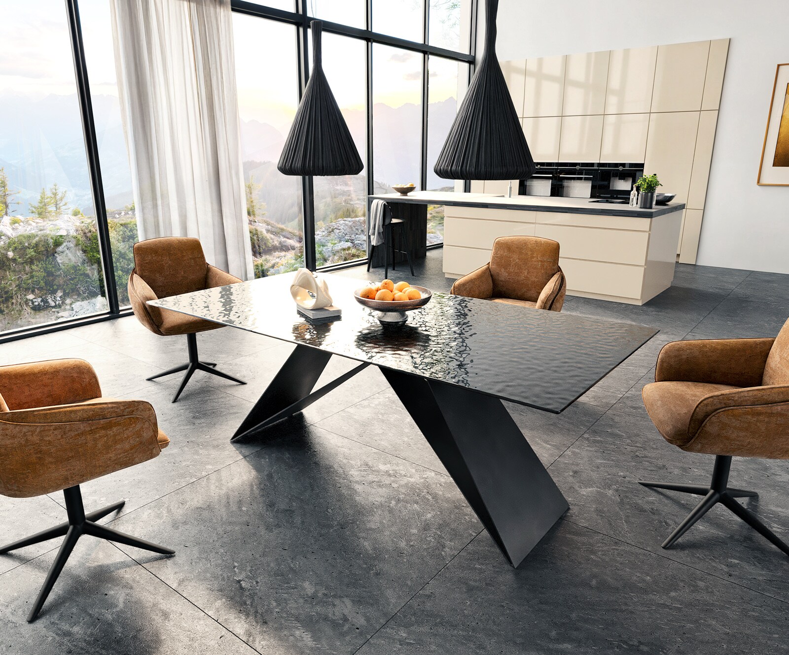 Stół do jadalni Edge 200x100 cm szkło reliefowe czarne efekt 3D rama V metal czarna 6