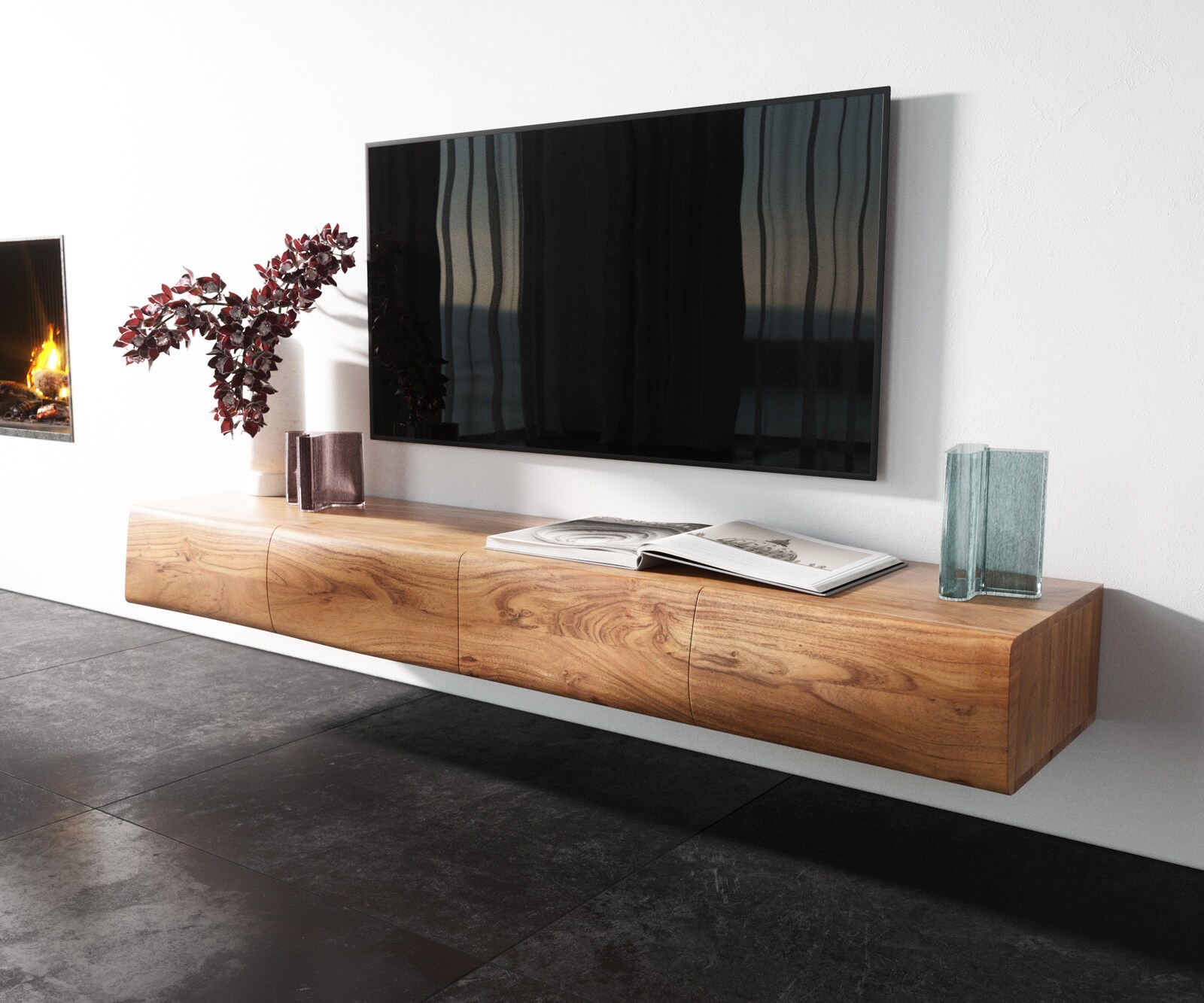 Szafka RTV New Live-Edge 175 cm akacja naturalna 4 drzwi podwieszana