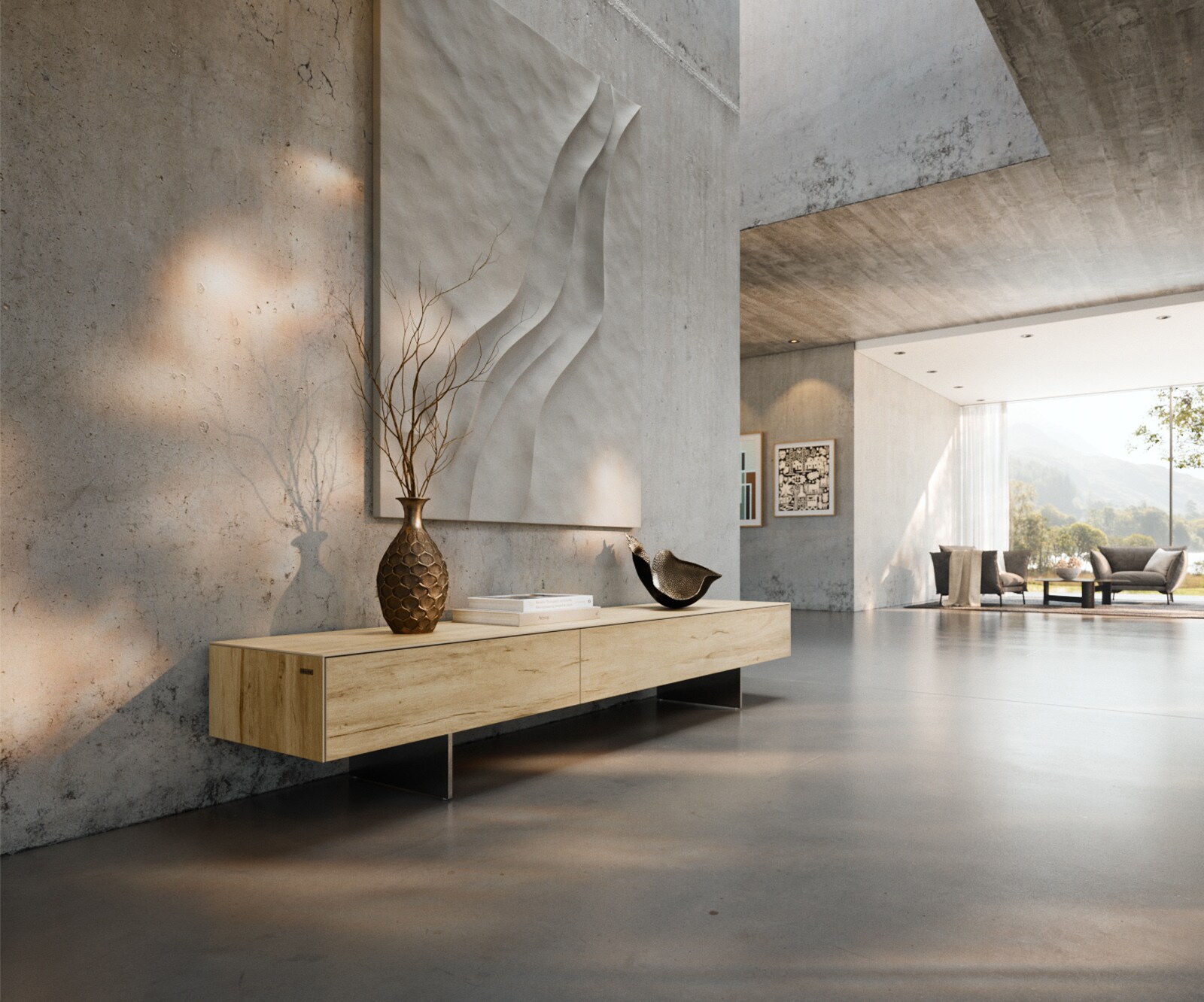 Szafka RTV Cuor 200 cm ceramika Laminam® Sabbia (kolor dębu) 1 klapa 1 szuflada nóżki wąskie stal nierdzewna