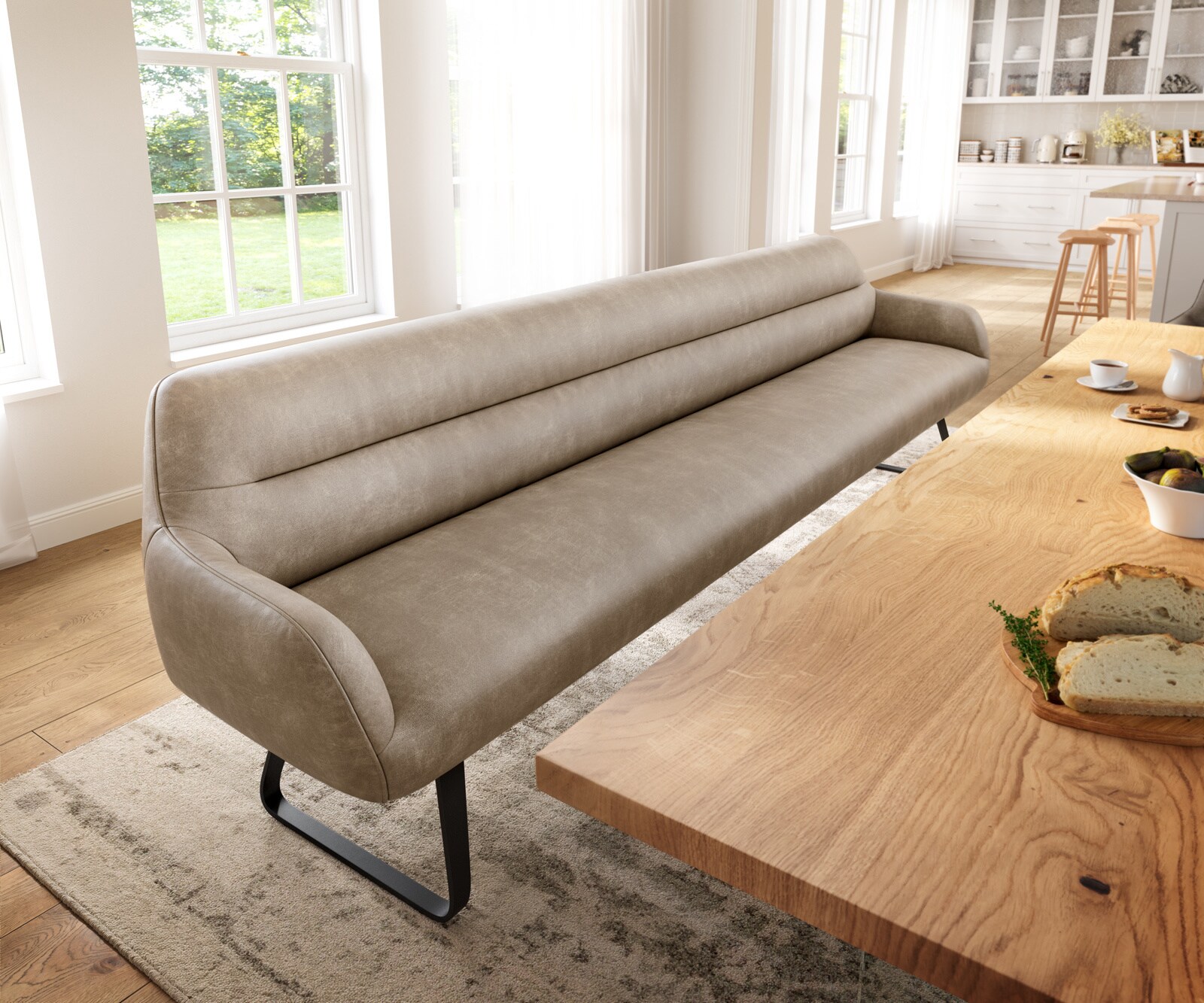 Ławka do jadalni Taya-Flex 300 cm mikrofibra beżowy vintage podstawa płozowa płaska metal czarny sprężyny kieszeniowe 1